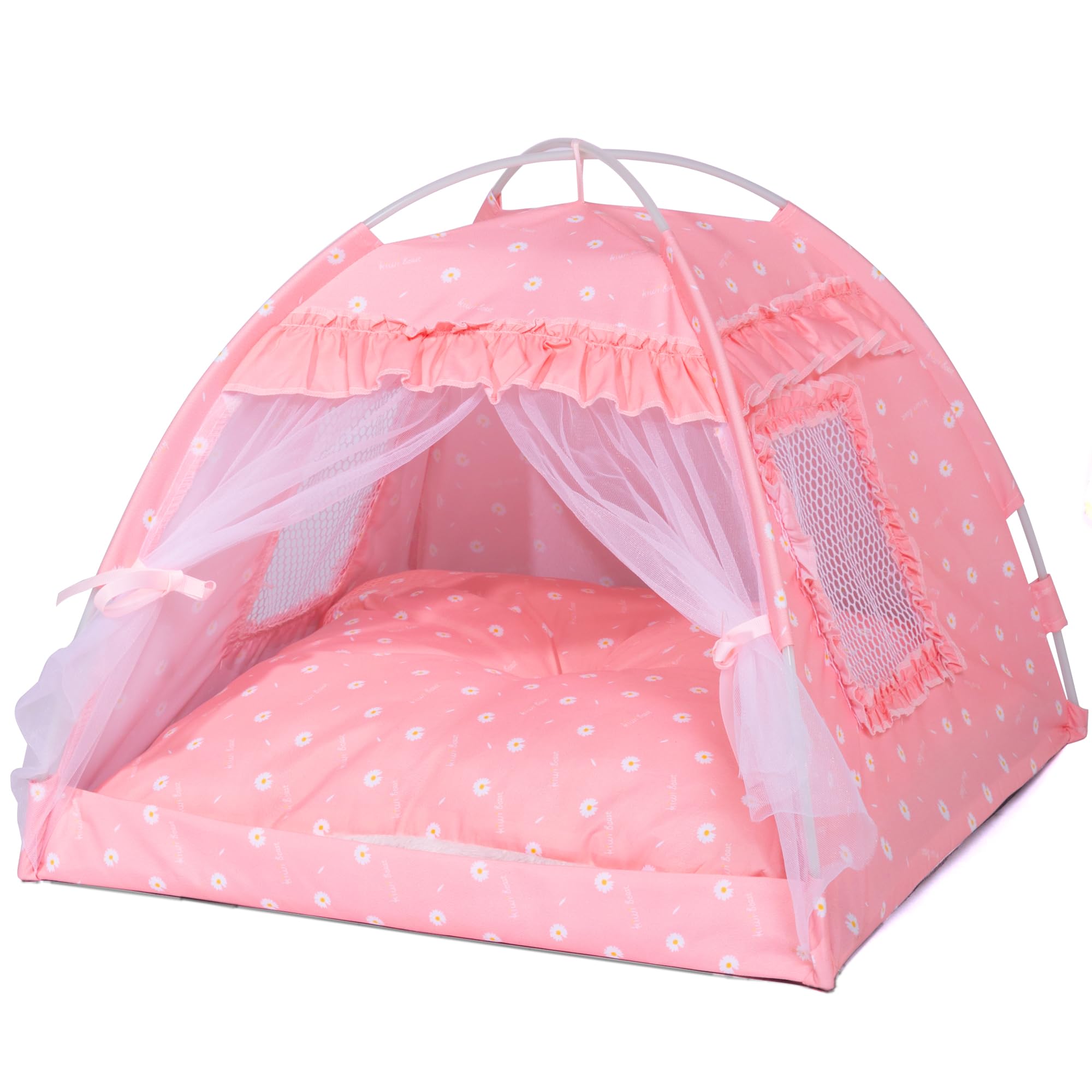 EGWQE3D Cat Princess Indoor Tent House - Dog House Indoor/Outdoor Lace Mesh Breathable Windows Door Curtains Removable Portable 