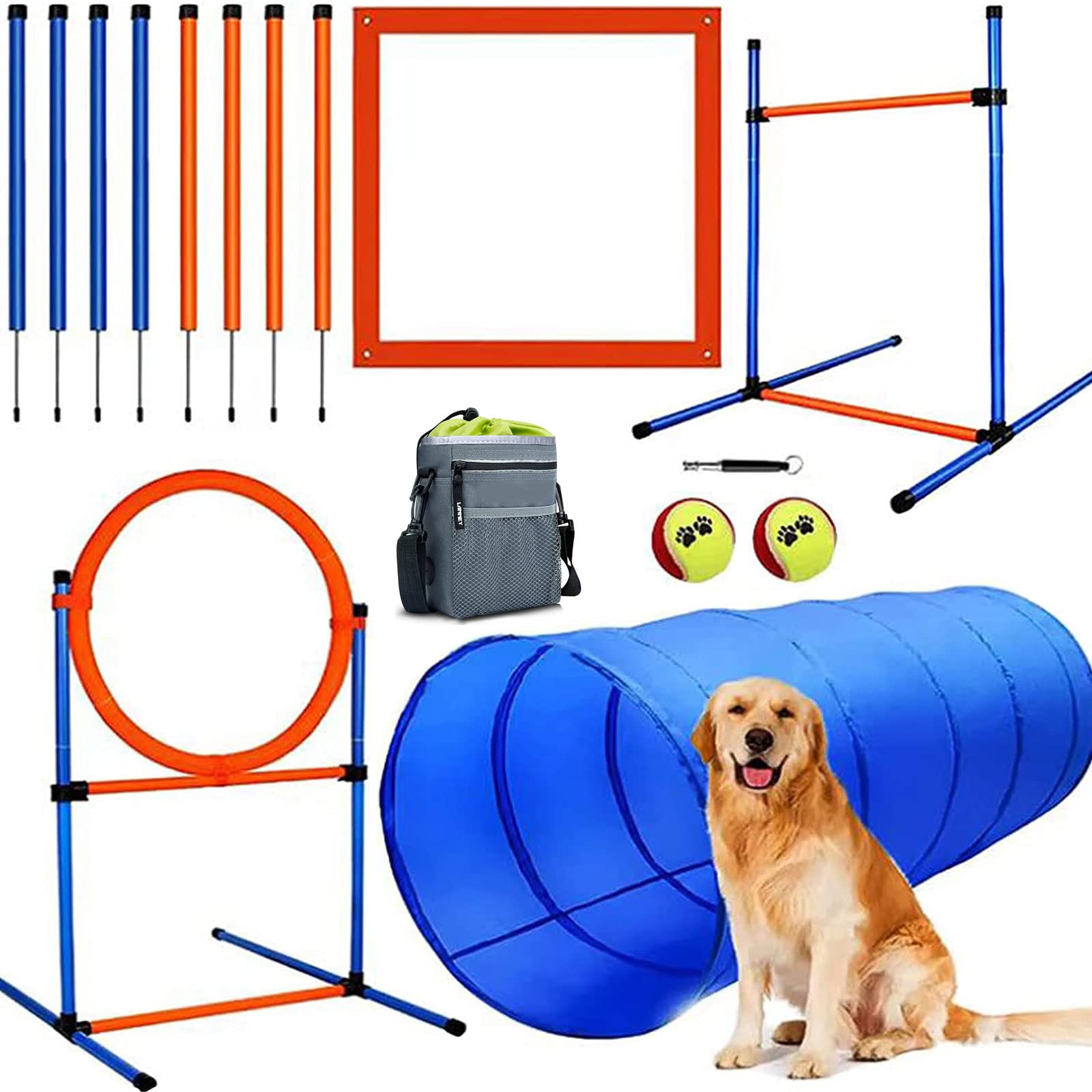 JMMPOO Dog Agility Training Equipment, 60-Piece Dog Obstacle Course Training Starter Kit Pet Outdoor Game with Tunnel, Agility H