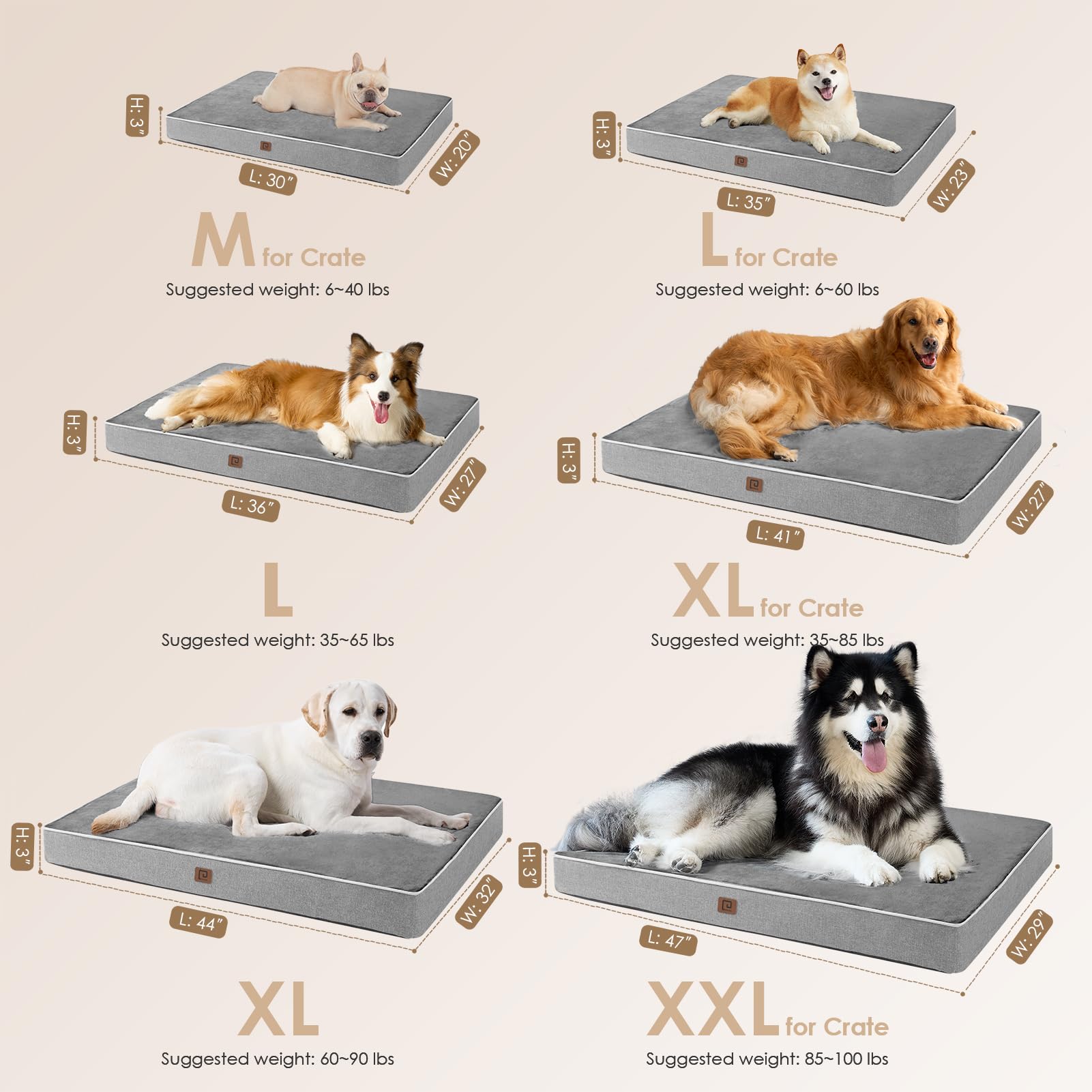 Eheyciga Orthopedic Memory Foam Dog Beds For Jumbo Dogs With Removable Waterproof Liner, Grey, 47X29