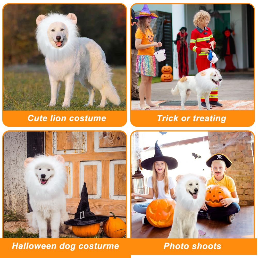 Vivifying Lion Mane Dog Costume, Adjustable Lion Wig With Faux Fur For Medium&Large Dogs, Halloween Dog Accessory Perfect For Parties, Photoshoots, And Role-Playing (Large, White)