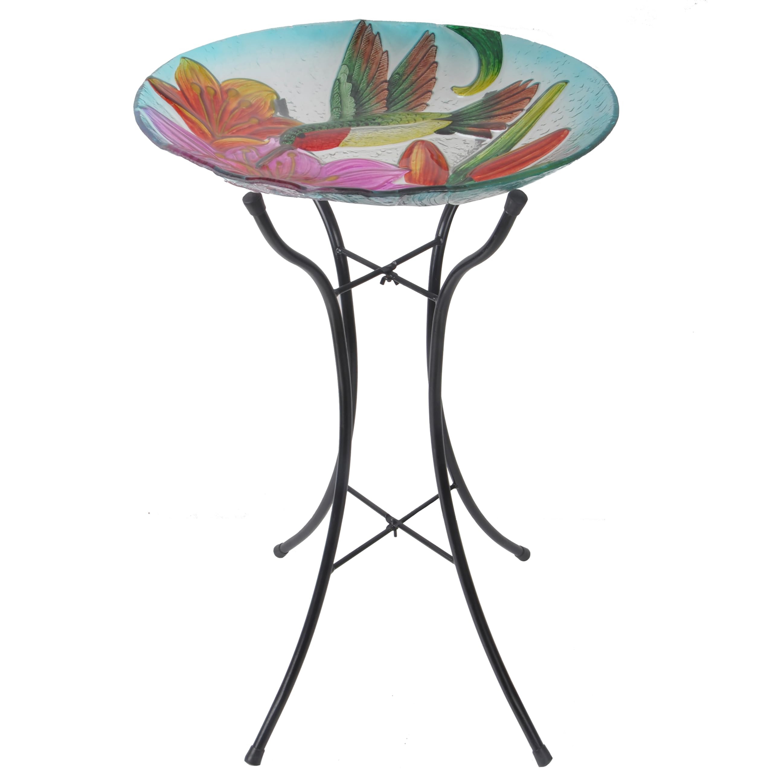 Teamson Home Handpainted Hummingbird Fusion Glass Birdbath Bowl Feeder with Metal Stand for Outdoor Patio Garden Backyard Deckin