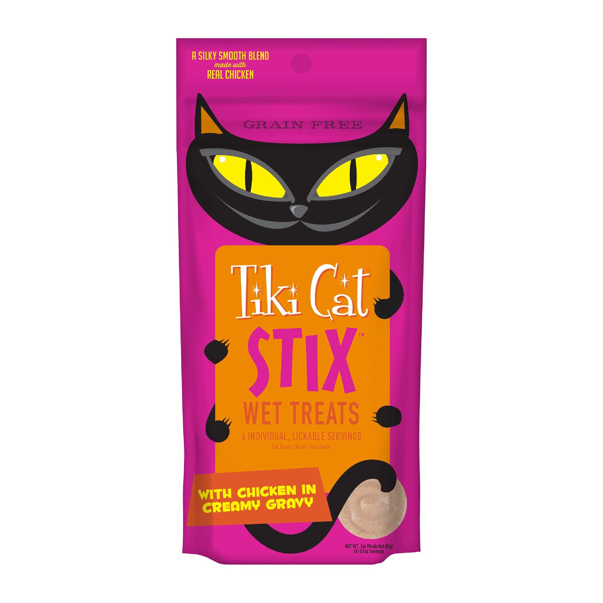 Tiki Cat Stix Mousse Treats, Single Serve Indulgent Lickable Treat or Dry Food Topper, with Chicken in Creamy Gravy, 3 oz. Pouch
