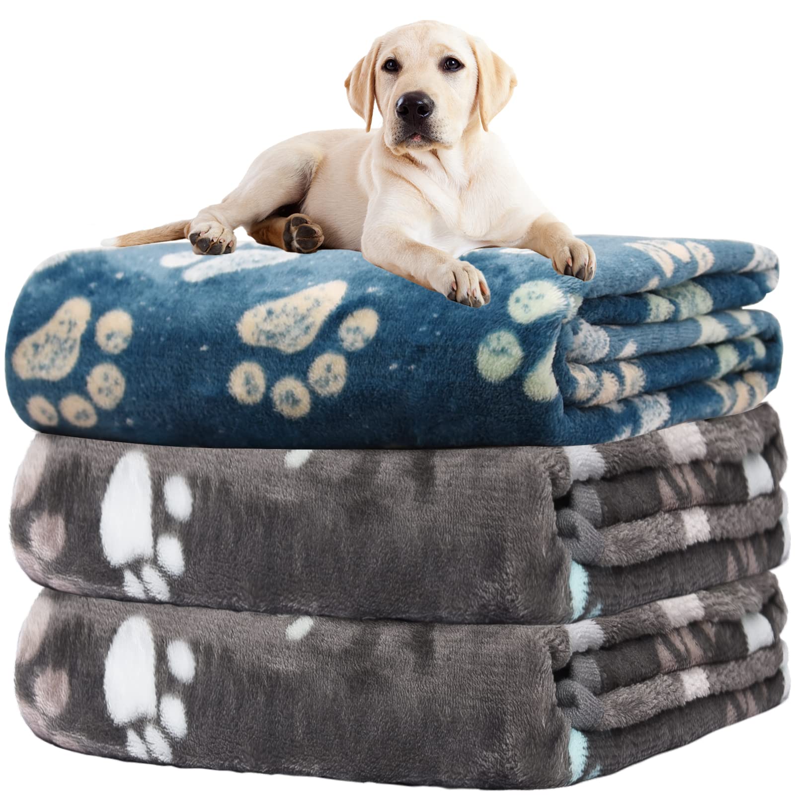 1 Pack 3 Dog Blankets - Super Soft Fluffy Premium Fleece Pet Blanket - Medium & Large Sizes - Gray & Blue - 31X41 Inch