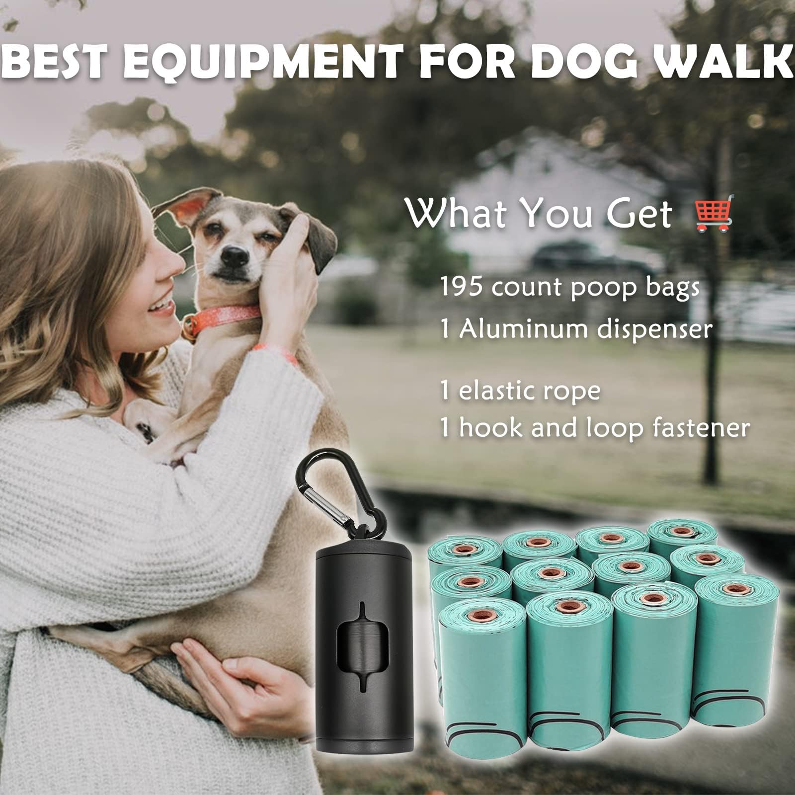 Yuchiya Aluminum Dog Poop Bags Holder With Carabiner Metal Pet Waste Bags Dispenser With Hook And Loop Fastener And Elastic Cord To Carry Used Bags(Black, 1 Holder 195 Bags)