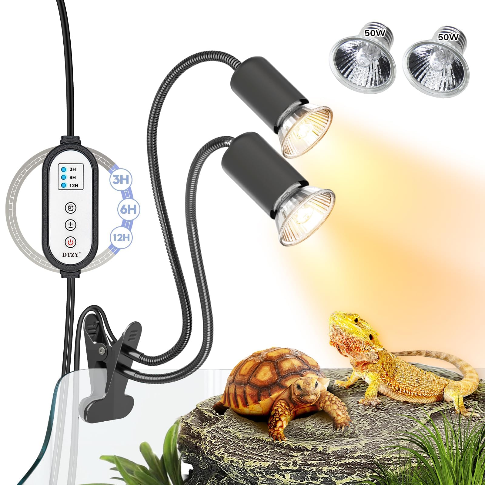 Reptile Heat Lamp, Dual-Head Uva/B Reptile Light With Cycle Timer, Basking Light For Reptile Turtle Bearded Dragon Lizards Snake, E26/27 Base With 4 Bulbs (2Pcs 25W And 2Pcs 50W)