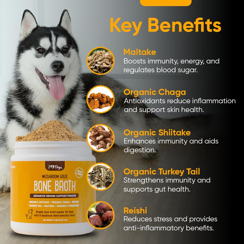 iHeartDogs Bone Broth & Collagen for Dogs - Bone Broth & Mushroom Gold Powder Supplement for Immune System Support, Improved Mob