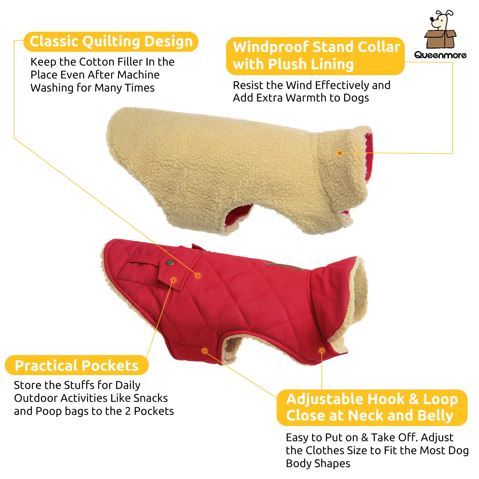 Queenmore Warm Dog Coat, Cold Weather Puffer Jacket With Ultra Thick Plush Lining And Storage Pockets (Red, X-Large)