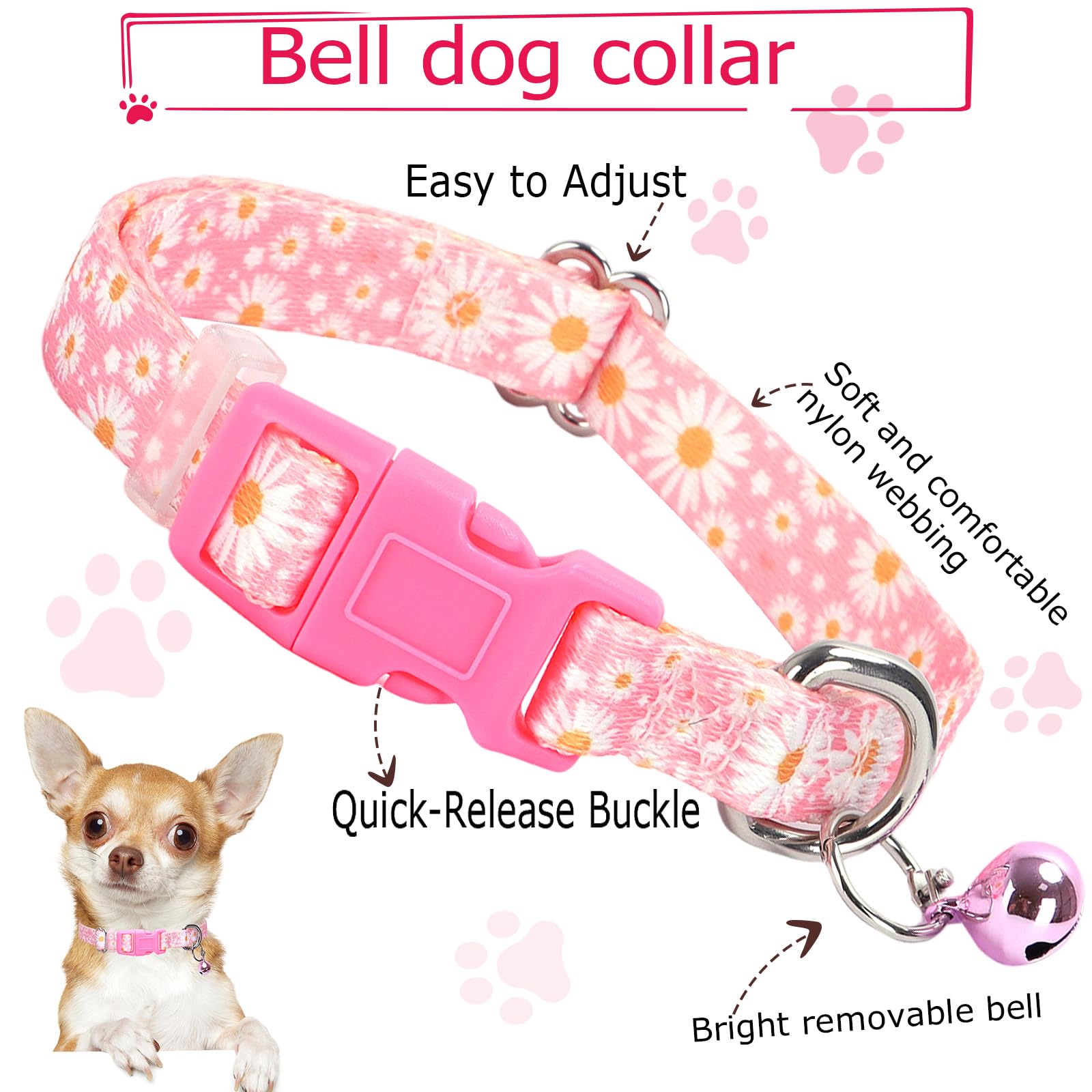 Pink Small Dog Collar With Bell -Nylon Collar For Chihuahua Pomeranian Yorkie, Adjustable Xxs/Xs For Walks & Daily Play (Daisy S