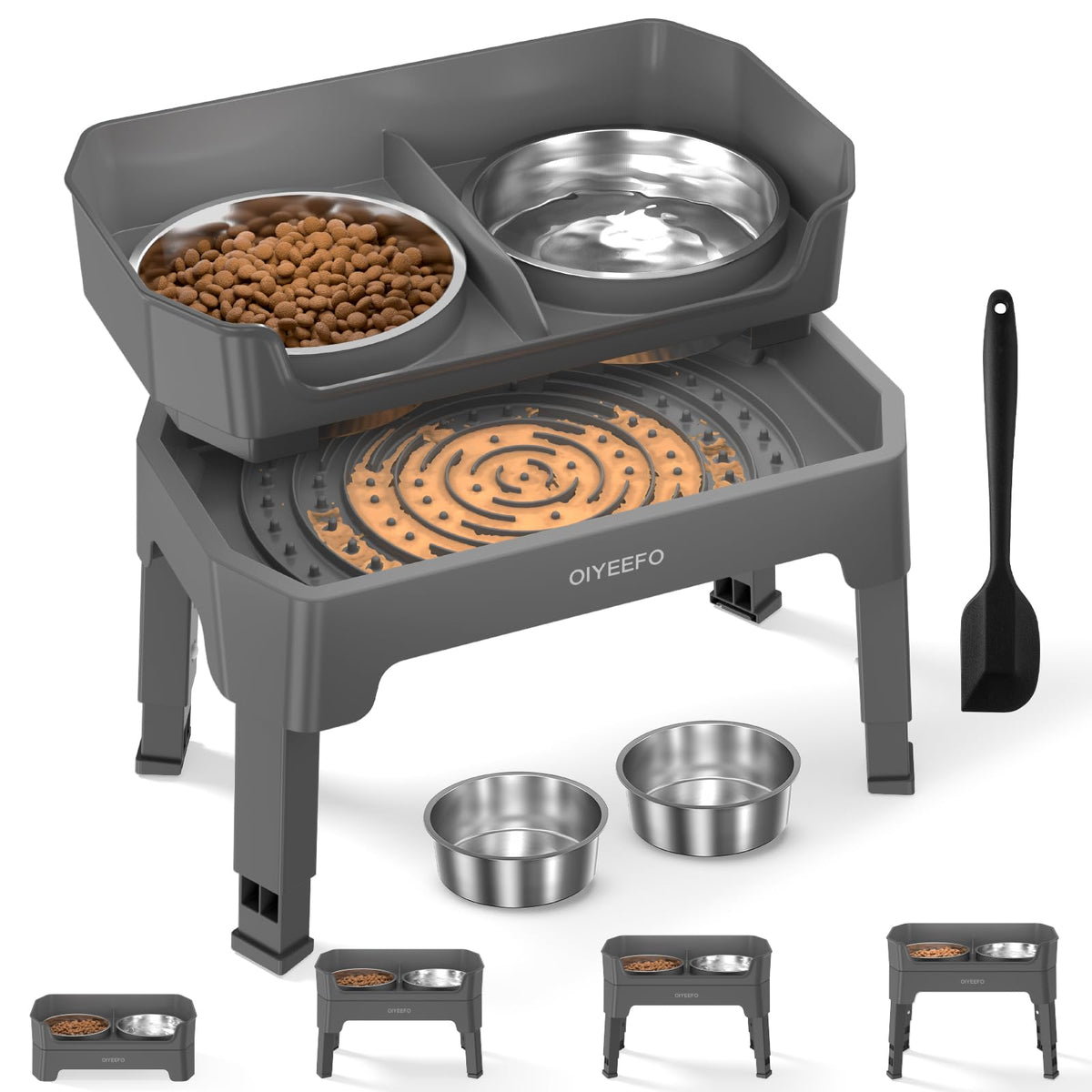 3 in 1 Large Elevated Dog Bowls: 4 Adjustable Height Raised Dog Bowl Stand with Mess Proof Design -Licking Plate with 2 * 53oz F