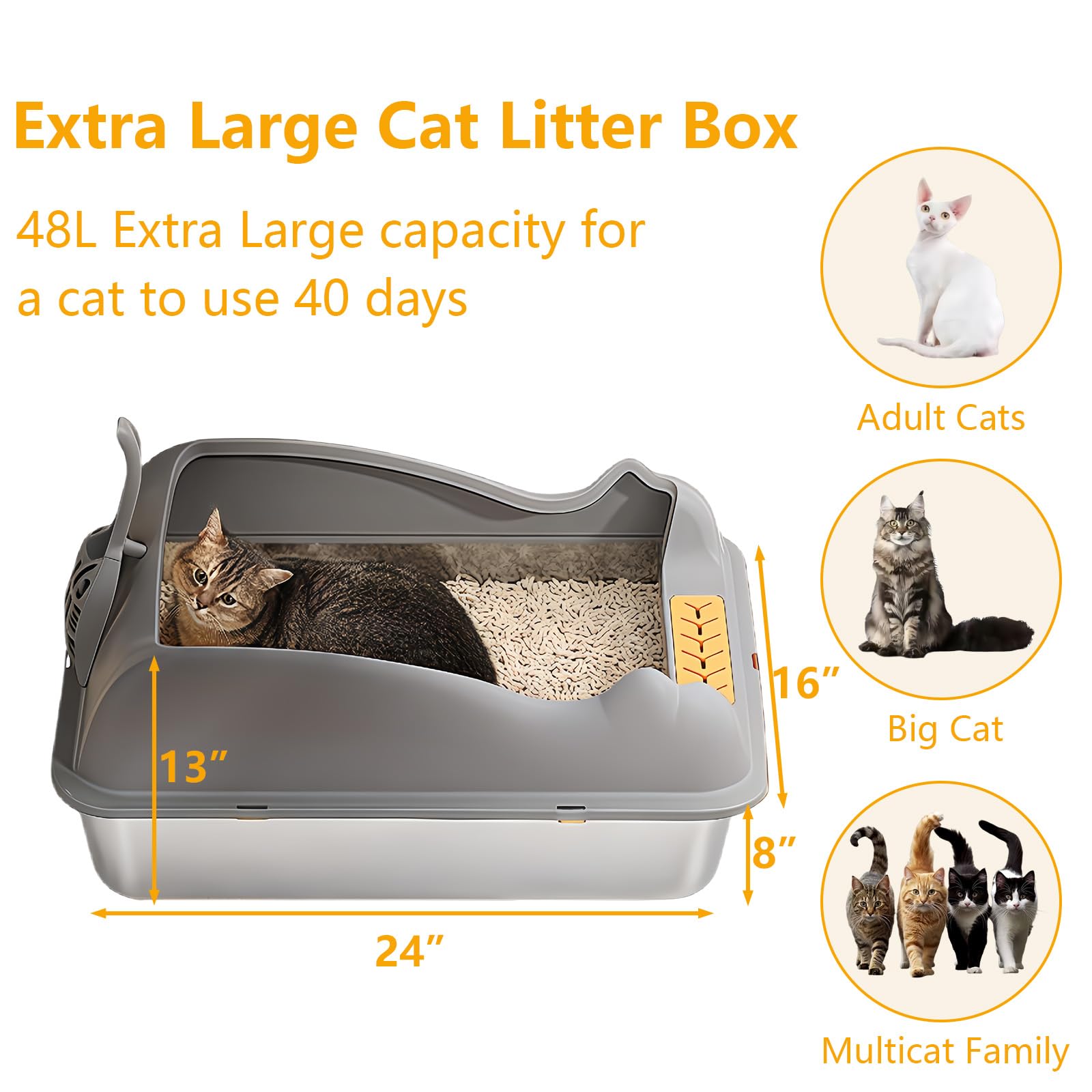 8'' Deep Stainless Steel Litter Box With Lid, Xl Litter Boxes For Big Cats, Metal High Sided Litter Box, Anti-Stick And Anti-Lea