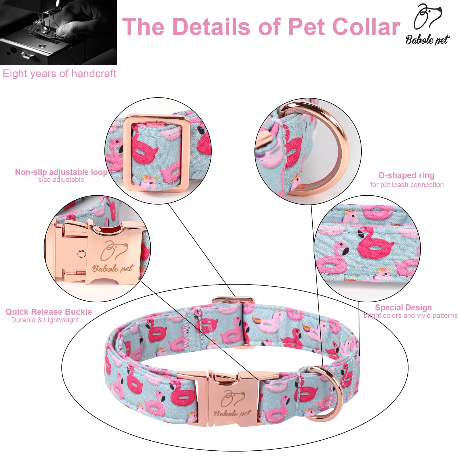 Babole Pet Adjustable Summer Dog Collar - Cute Pink Flamingo Dog Collars For Medium Dogs, Durable Boy Girl Dogs Heavy Duty Metal