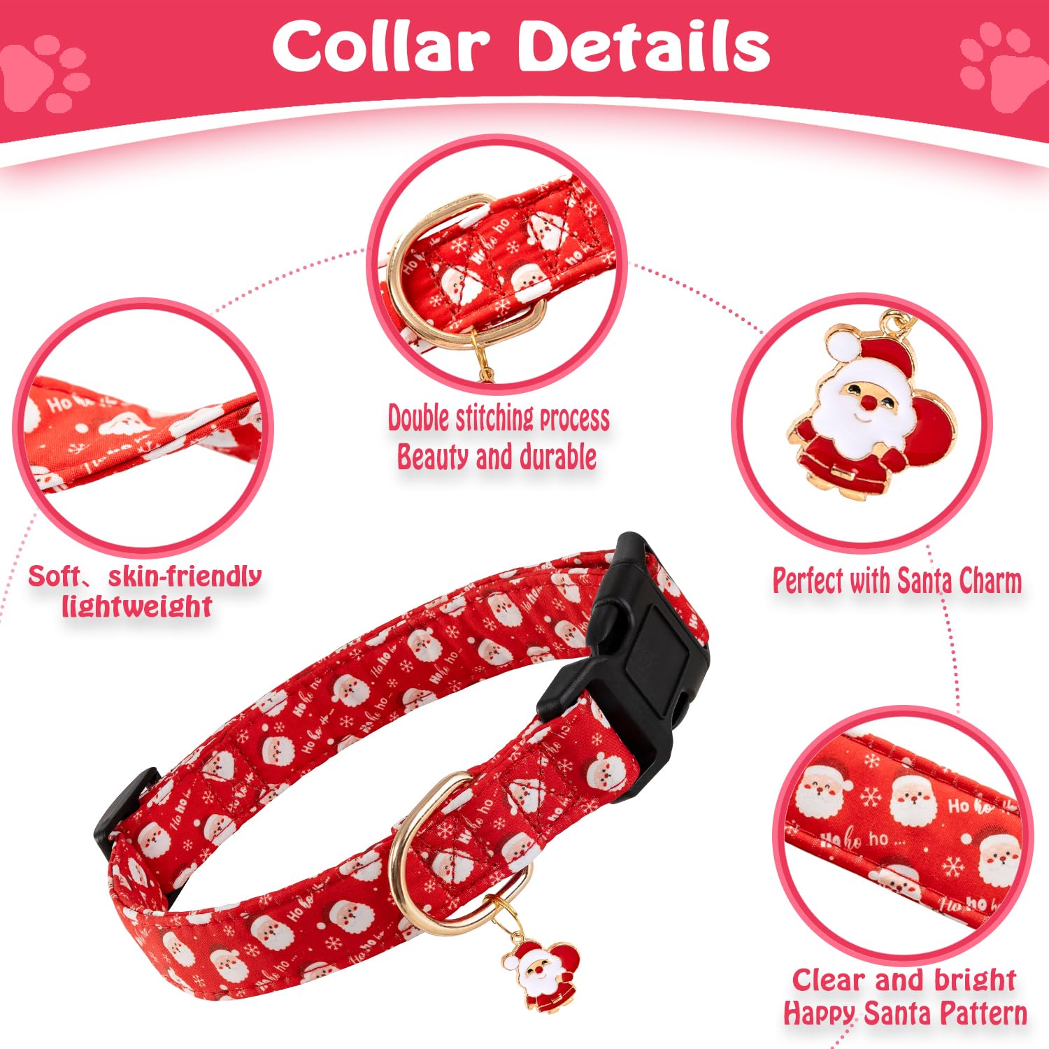 Prehai Red Christmas Dog Collar For Small Medium Large Dogs Special Design Cute Red Santa Claus Dog Collar For Girl Boy Dogs Sof