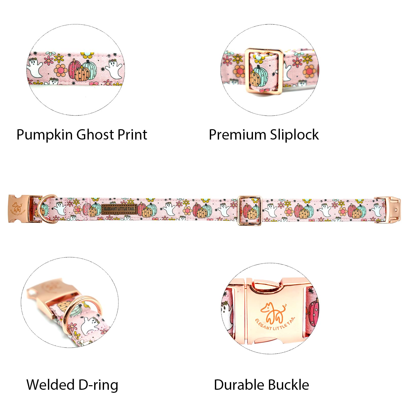 Elegant Little Tail Dog Collar For Halloween - Pumpkin Print Pet Collar With Flower, Cotton, Metal Buckle, Adjustable For X-Larg