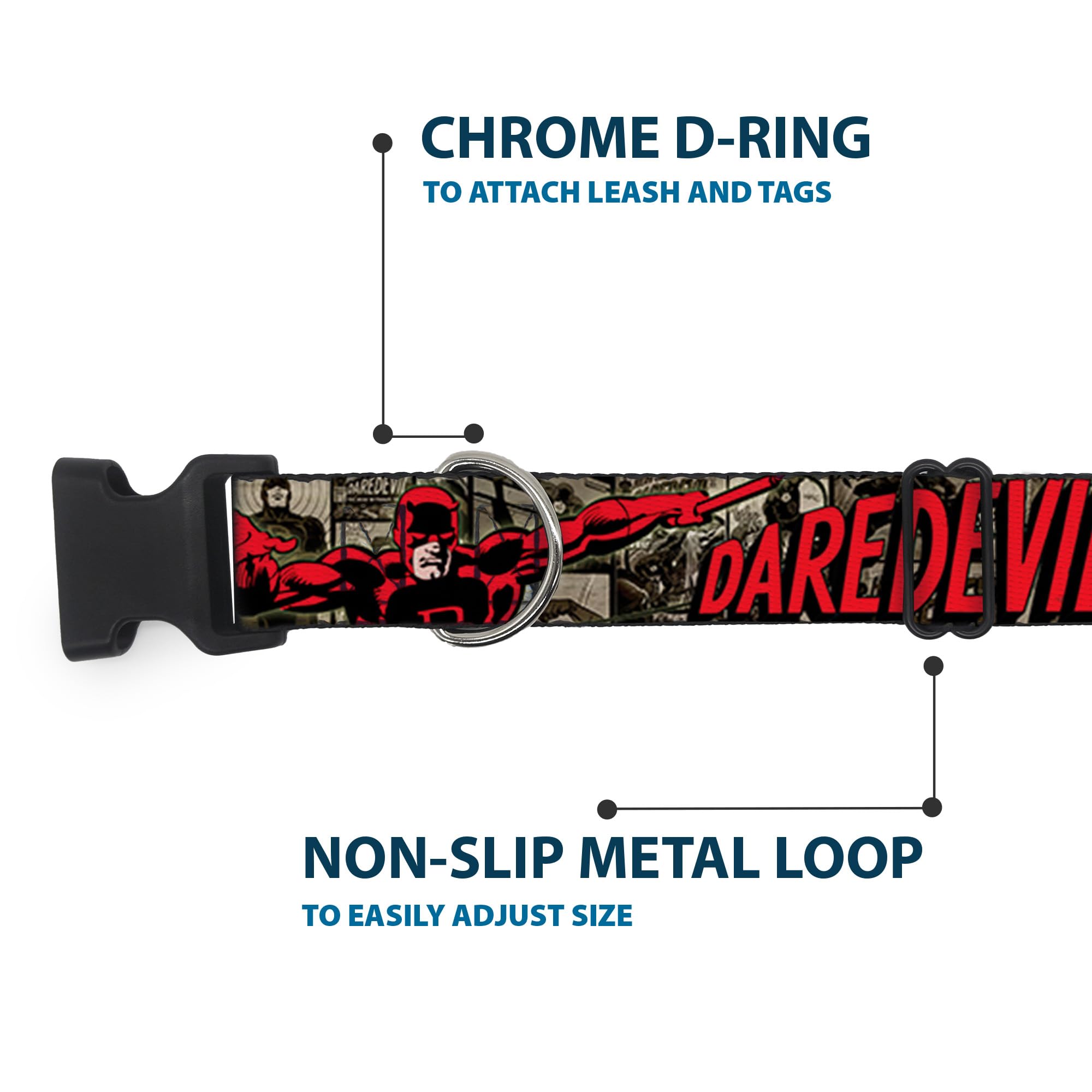 Buckle-Down ''Daredevil Action Poses/Comic Panels Grays/Red'' Plastic Clip Collar, 1.5'' X 16-23''/Medium