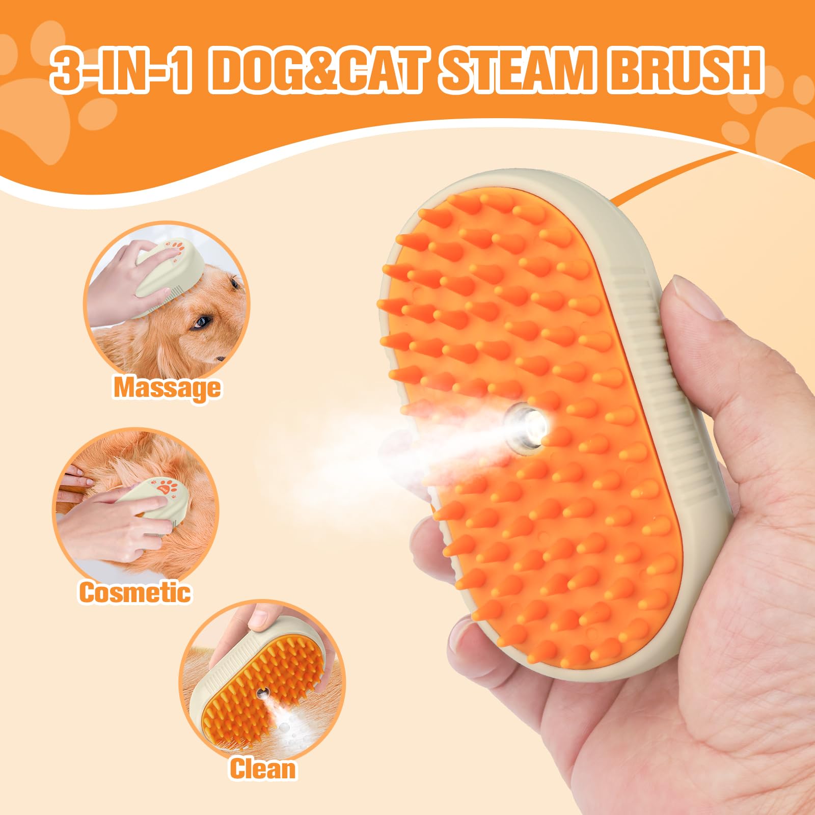 Steam Brush For Dogs Cats,Cat Steam Brush For Shedding,3 In 1 Steamy Cat Brushes,Silicone Pet Spray Hair Removal Comb For Groomi