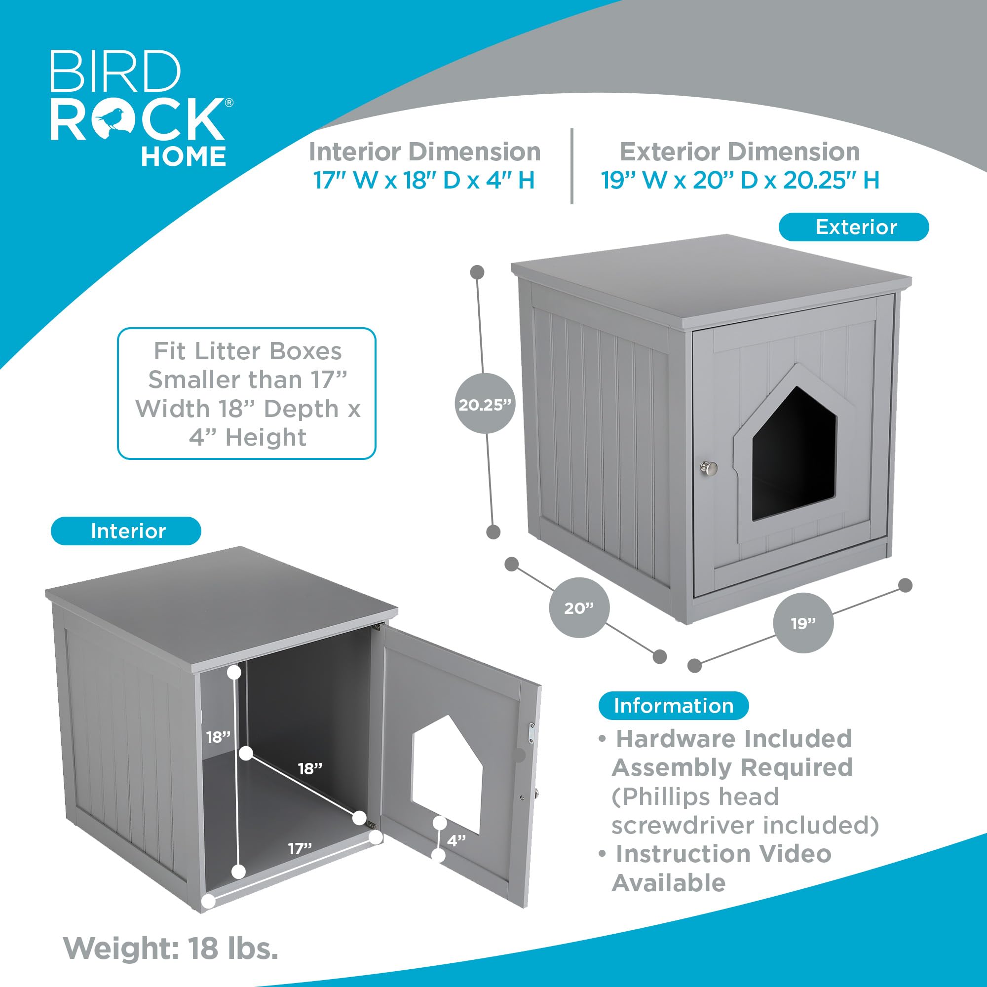 Birdrock Home Cat Litter Box Furniture Enclosure - Hidden Kitty Litter Cat House With Hinged Door, Nightstand, Side Table & Pet