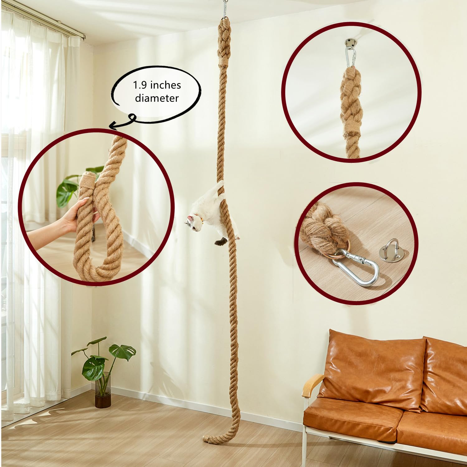 Shengocase 1.9'' X 8.9Ft Cat Climbing Jute Rope For Ceiling With Hook, Wall Mounted Furniture For Indoor And Outdoor Cats (8.9 F