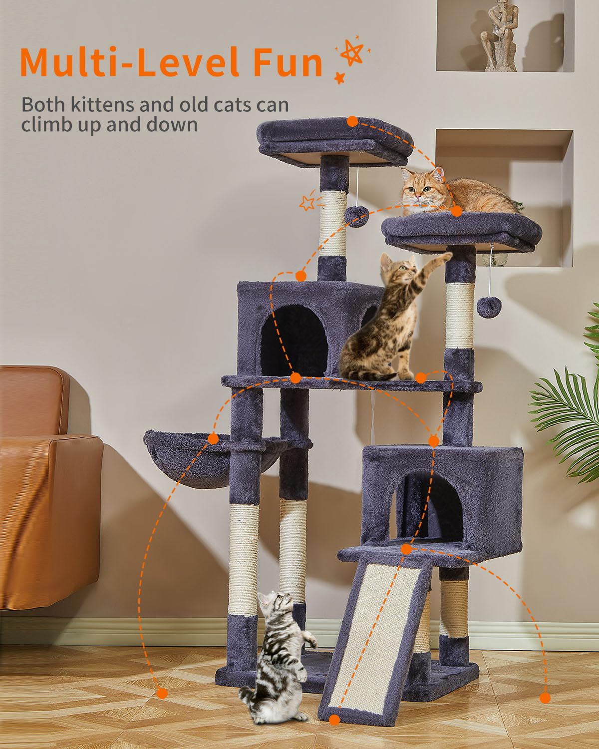 Taoqimiao 56.3-Inch Cat Tree, Cat Tower With Scratching Posts, Cat Tree House For Indoor Cats With Hammocks, Toys, Condo And Lar