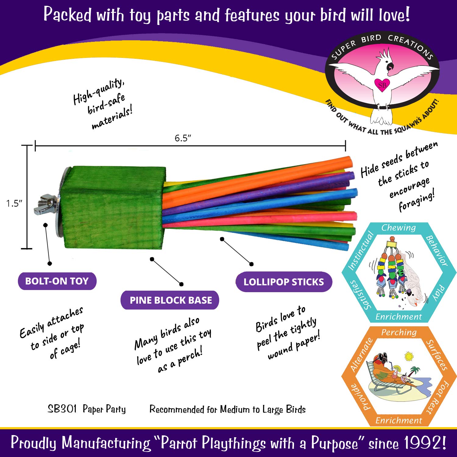 Super Bird Creations - Sb301 Chewable Paper Party Bird Toy With Colorful Lollipop Sticks - Ringnecks Medium Conures Parrot - Chew Enthusiasts - Enriching Bird Toys For Medium To Large Birds - 1-Pack