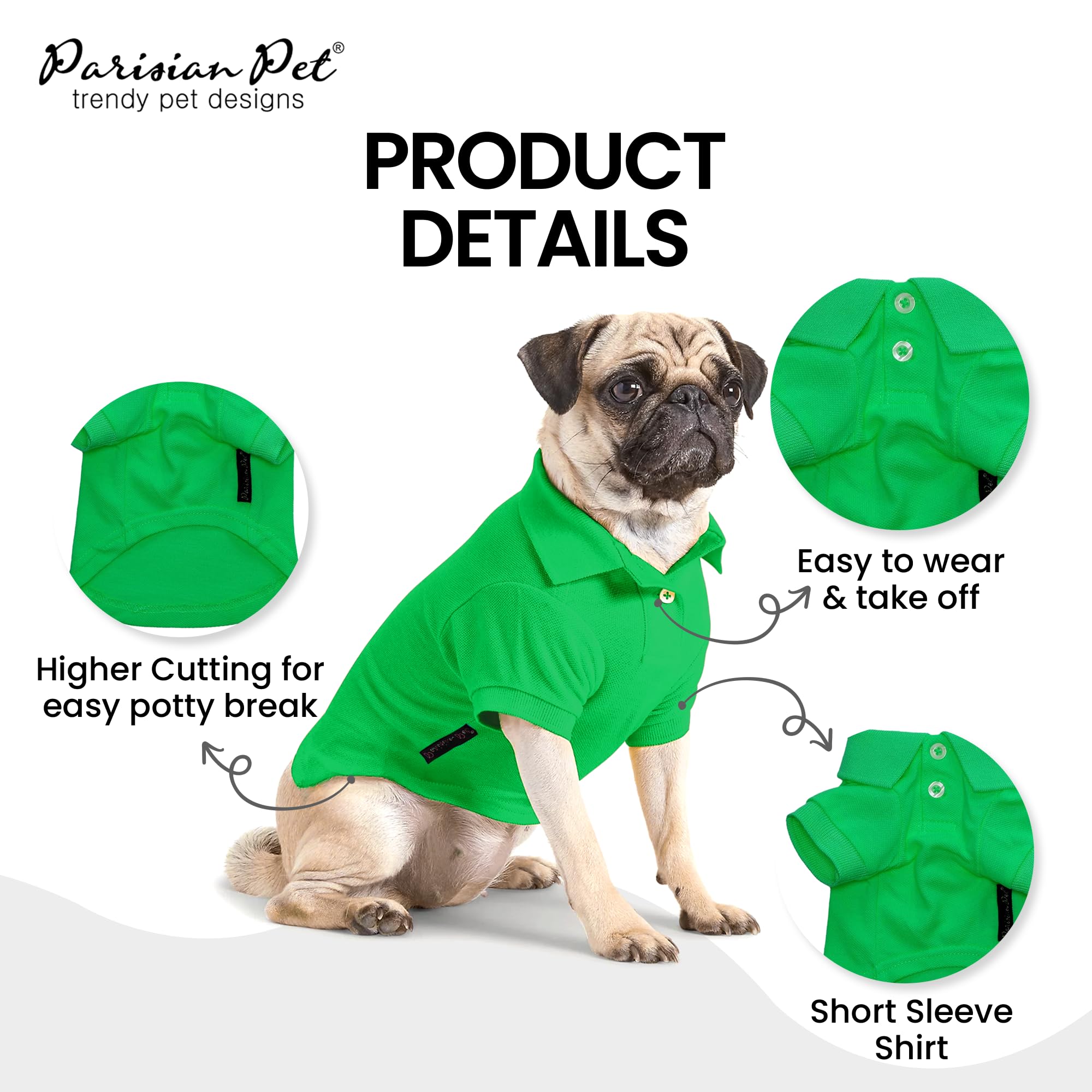 Parisian Pet Dog Polo Shirts - Breathable Dog Cotton Shirt - Solid Green Color, Summer Pullover Dog Clothes - Button Up Collar,