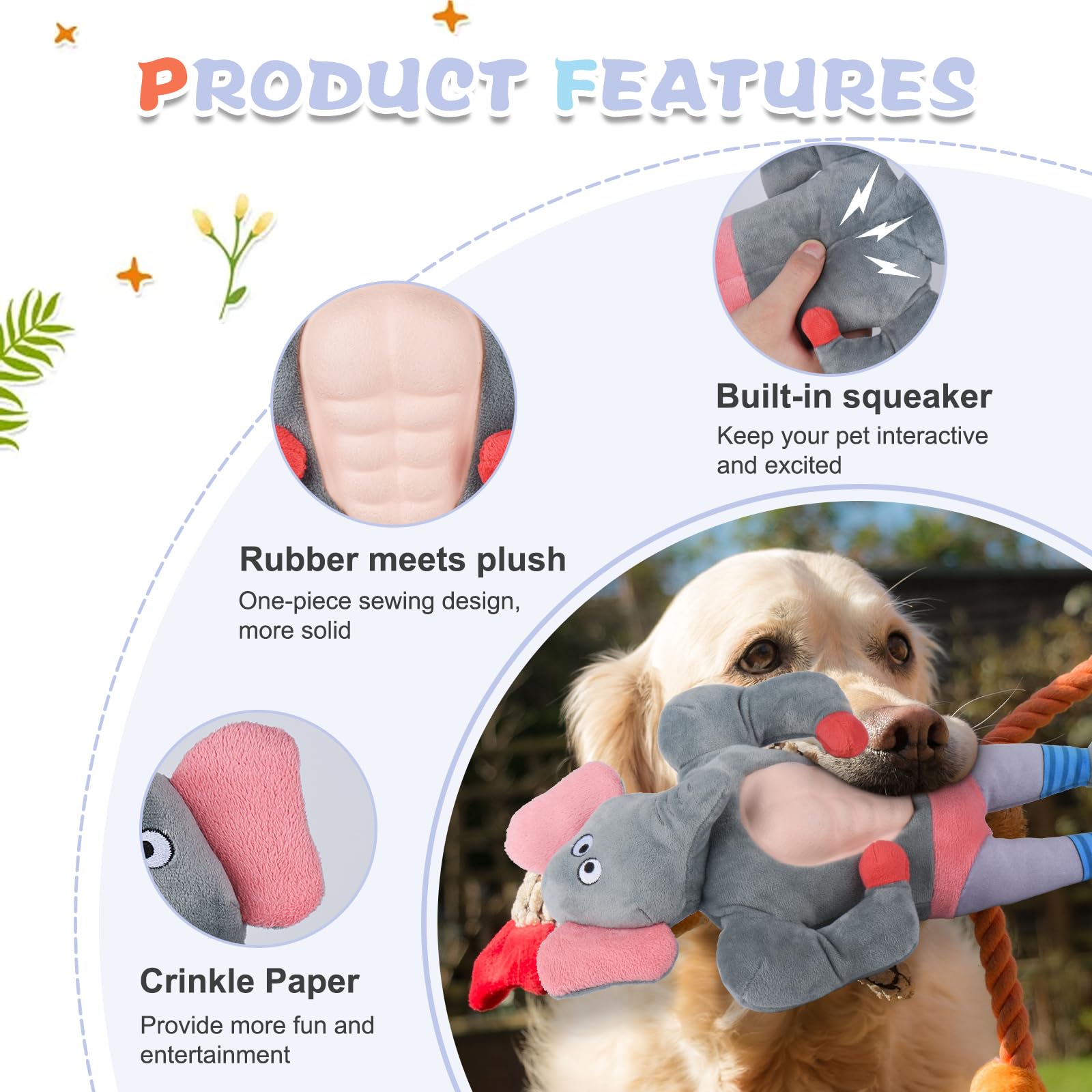 Pawspurr Squeaky Dog Toys, Plush Stuffed Large Dog Toy With Crinkle Paper, Teeth Cleaning Toys For Samll To Large Dogs