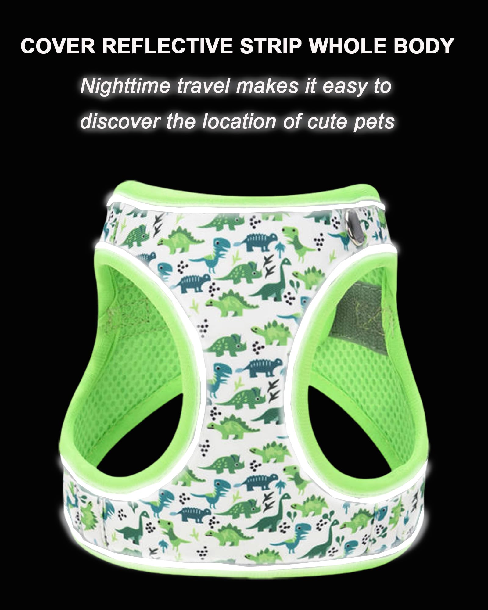 JUFOO S Green Dinosaur Pattern Dog Harness and Leash Set,No Escape Easy Walk Puppy Harnesses for Training Walking,Breathable Adj