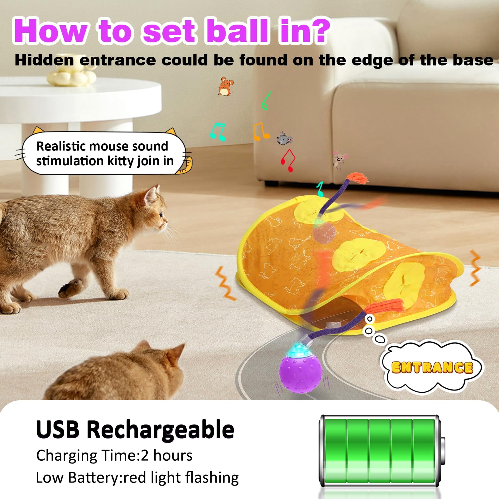 Bentopal Cat Toys Interactive Electric Cat Ball In Mice Holes, Pop N Play Cat Toys With Collapsible Cat Play Tunnel