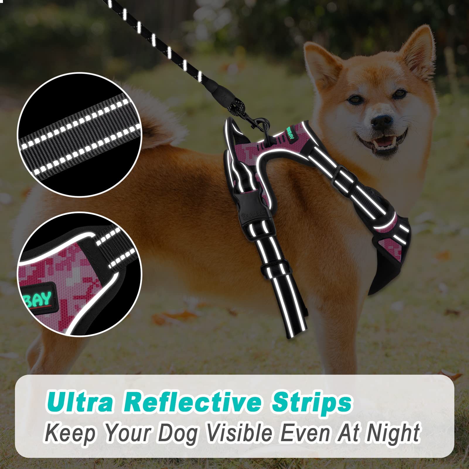 Barkbay No Pull Dog Harness Large Step In Reflective Dog Harness With Front Clip And Easy Control Handle For Walking Training Running(Pink Camo,M)