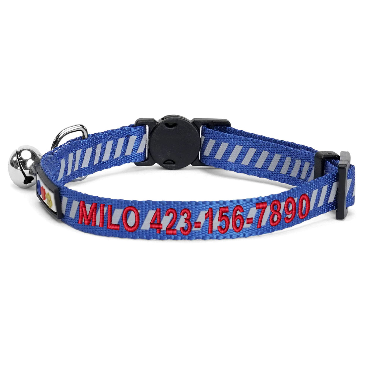 Pawtitas Personalized Cat Collar With Breakaway Safety Release Buckle Adjustable Length | Cat Collar With Custom Embroidered For Your Pet'S Name And Phone Number | Blue Cat Collar With Removable Bell