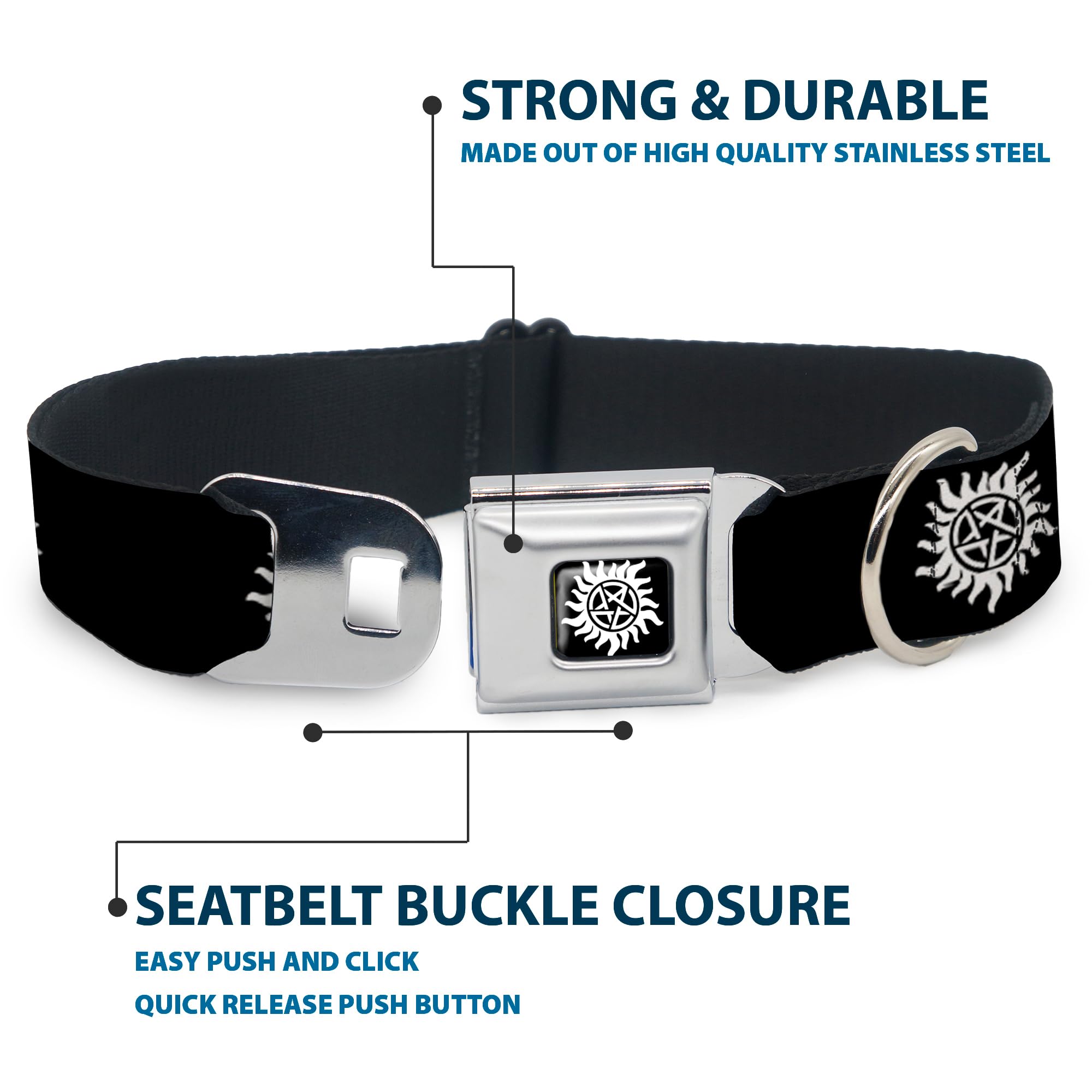 Buckle-Down Dog Collar Seatbelt Buckle Winchester Pentagram Repeat Black White 13 To 18 Inches 1.5 Inch Wide