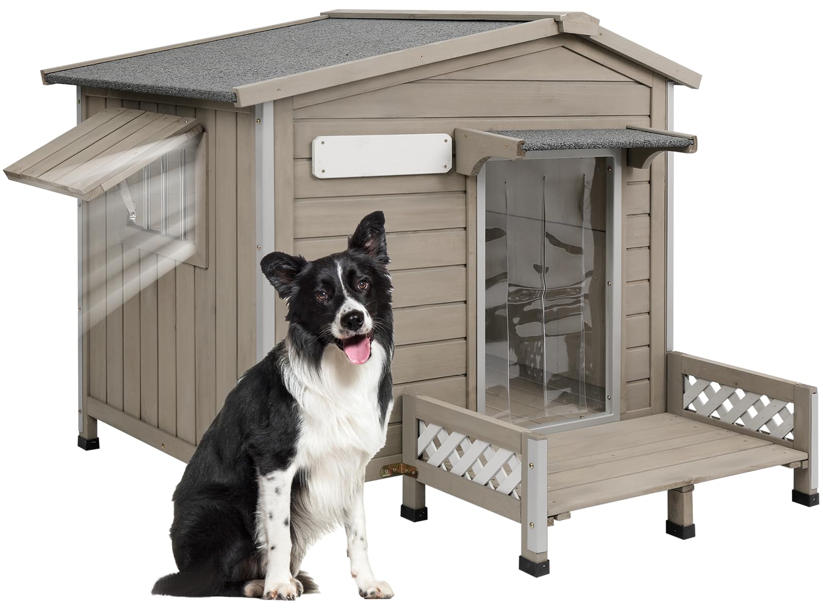 Ketive 41'' L Outdoor Large Dog House With Porch, Removable Floor, Raised Feet, Anti-Chewing Iron Frame - Wooden Kennel With Asp