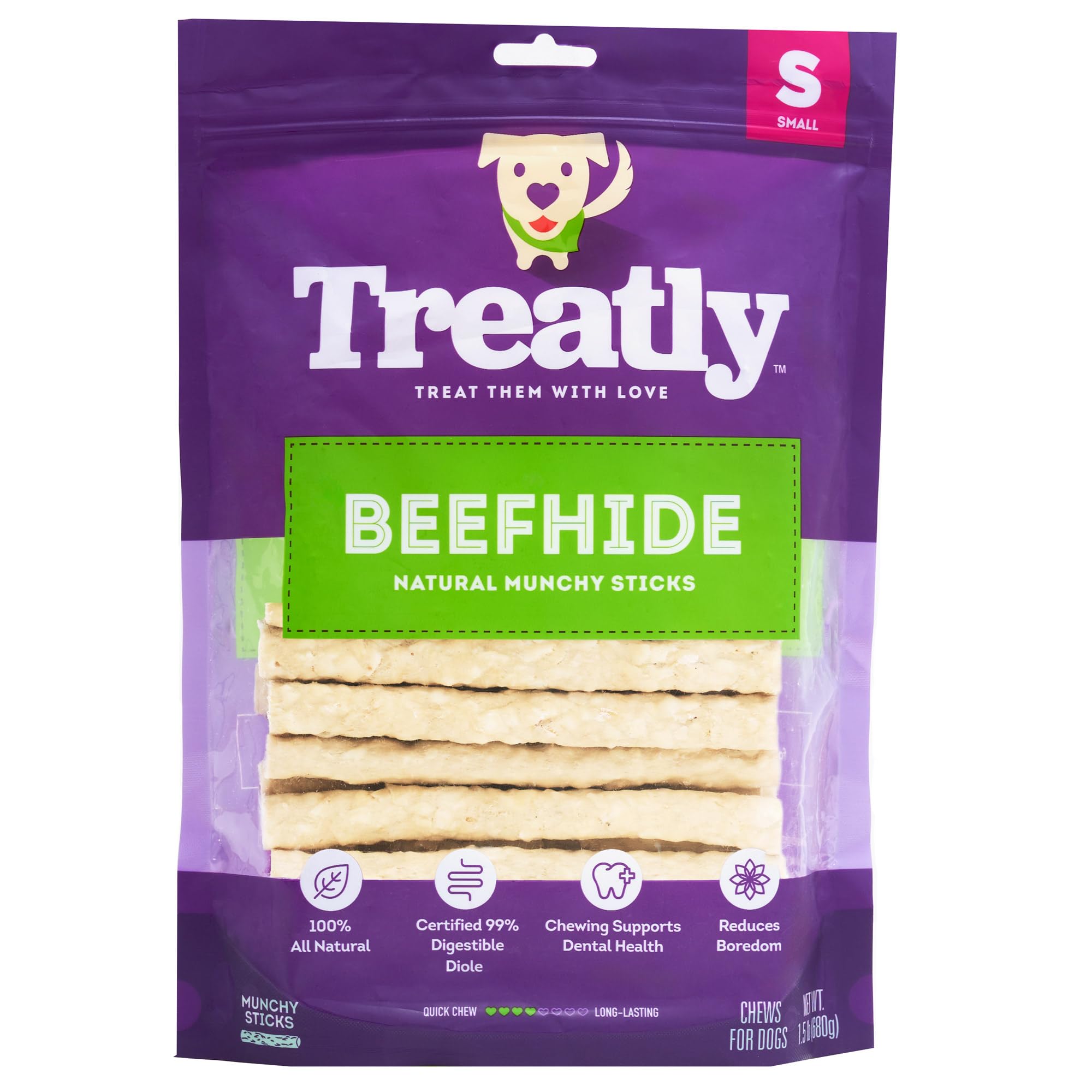 Treatly Beefhide Munchy Sticks 5 Dog Chew Treats - Natural Flavor, 1.5 lb/1 Pack