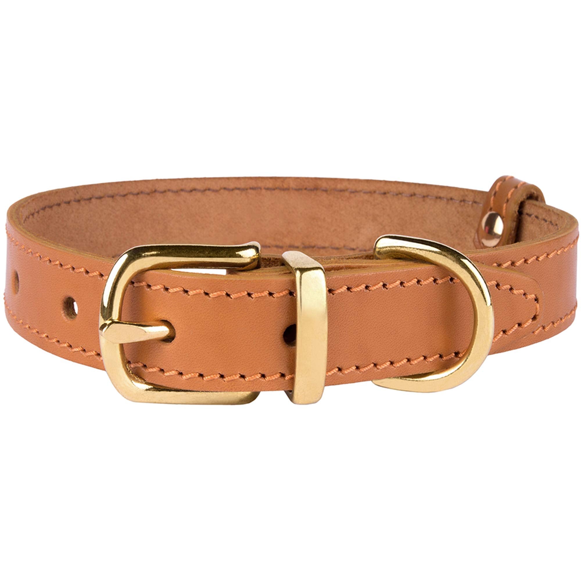 Bronzedog Leather Dog Collar With Metal Buckle Durable Basic Pet Collars For Small Medium Large Dogs (11-13 Inch (Pack Of 1), Light Brown & Gold Buckle)