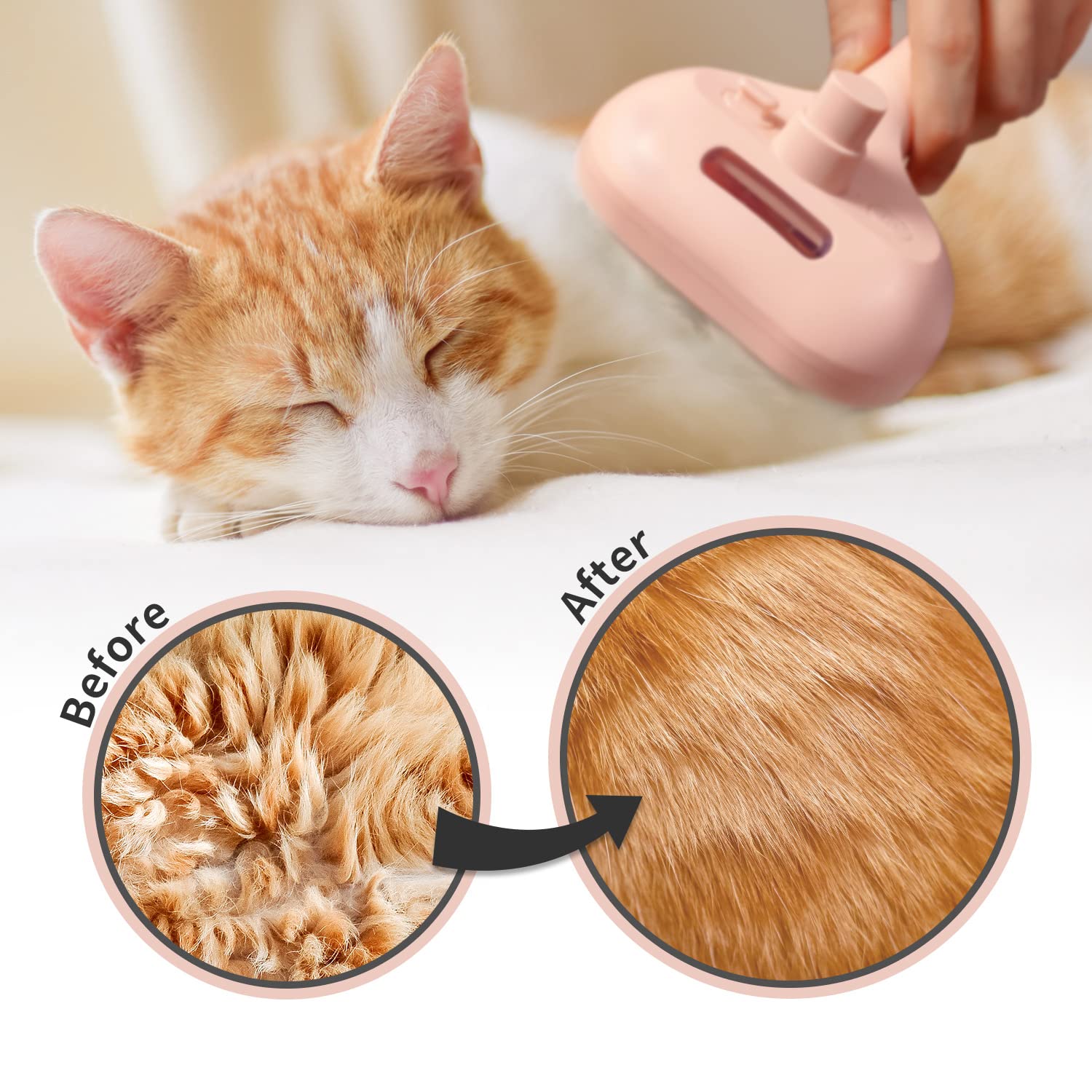 Pecait 3-in-1 Steam Brush with Release Button and Tank, Anti-Static Pet Brush for Long and Short Hair - Removes Tangles and Loos