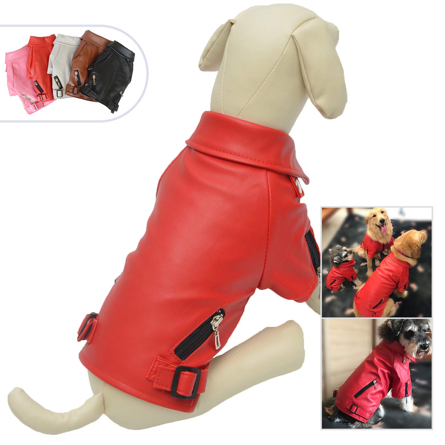 Lovelonglong Cool Dog Leather Jacket, Warm Coats Dogs Windproof Cold Weather Coats For Pugs Bulldog Pitbull Red B-L