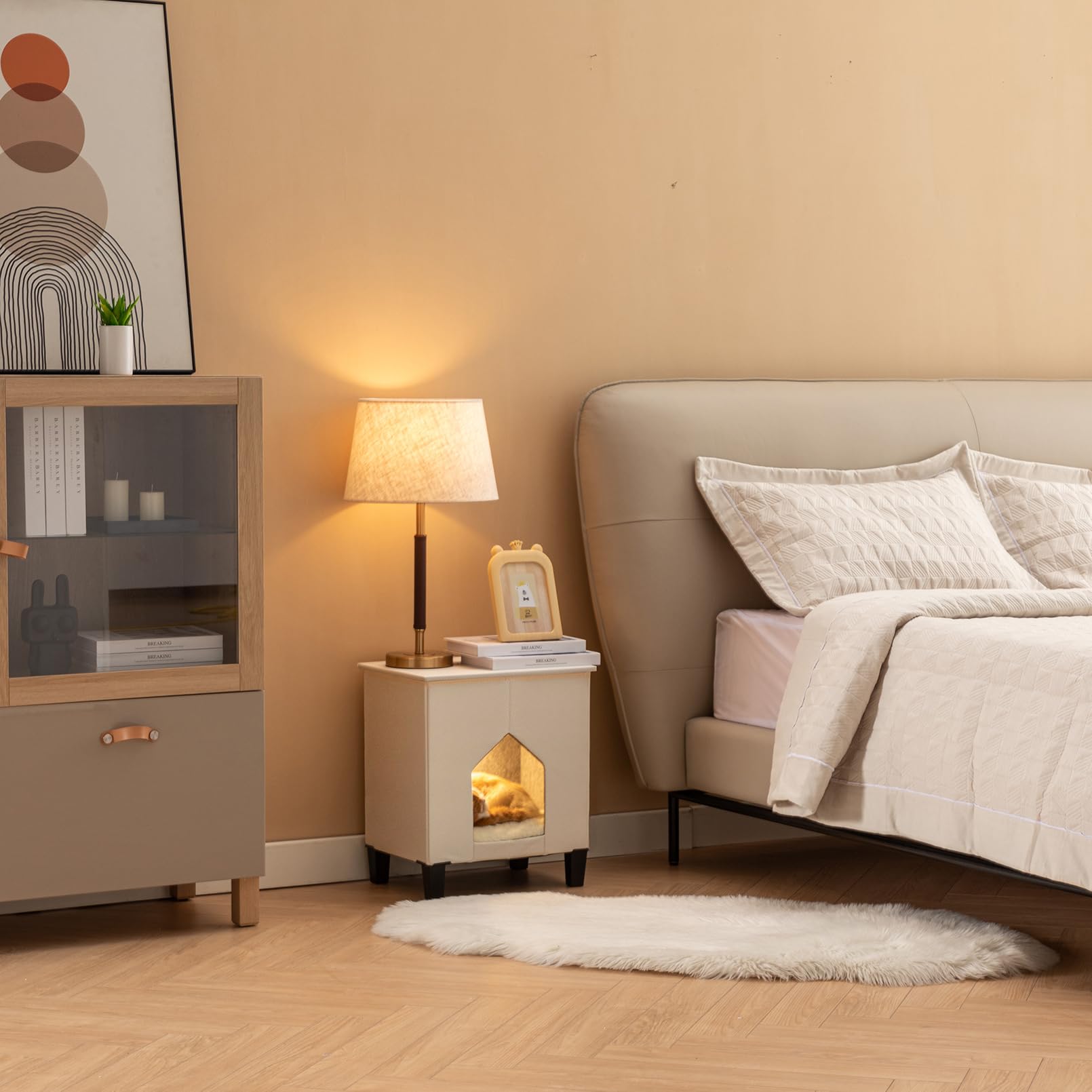 NUROMY Cat Condo & Hideaway Cave with Scratch Pad, Leather Cat Bed & Side Table, White