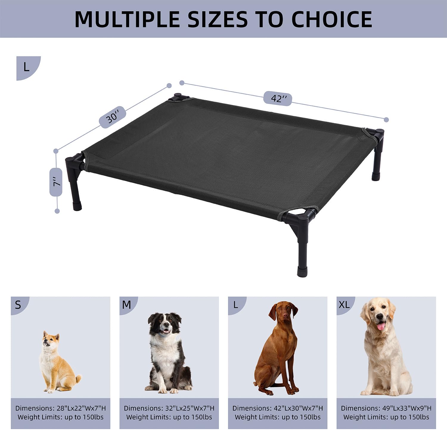 pettycare Elevated Outdoor Dog Bed - Raised Cot for Large Dogs, Heavy Duty Pet Cots Waterproof, Cooling, Washable Breathable Tes