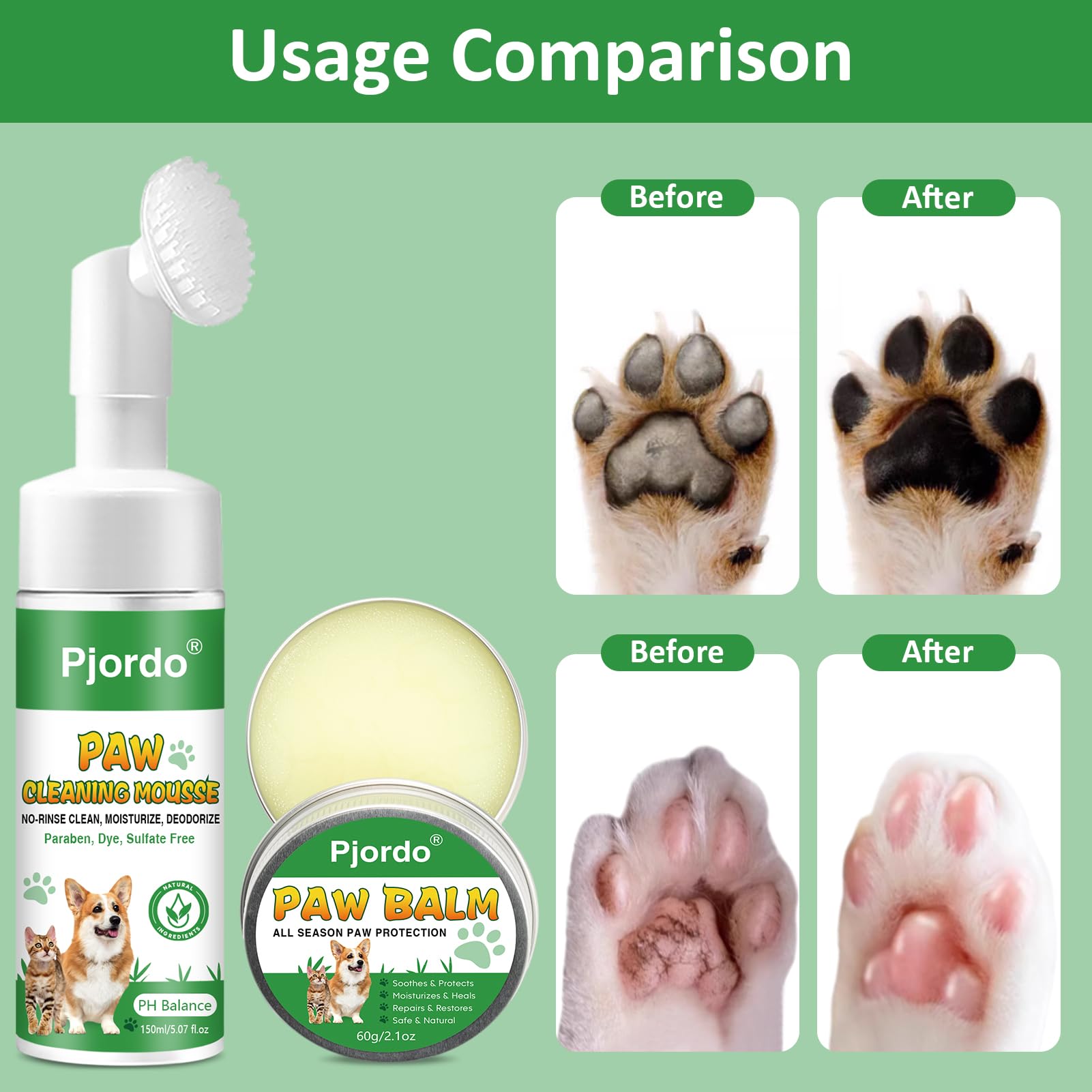 Pjordo Dog Paw Cleaner, No-Rinse Pet Paw Cleanser For Dogs Large Medium Small Xl Breed, Dog Paw Balm For Repairs Dry Cracked Paw