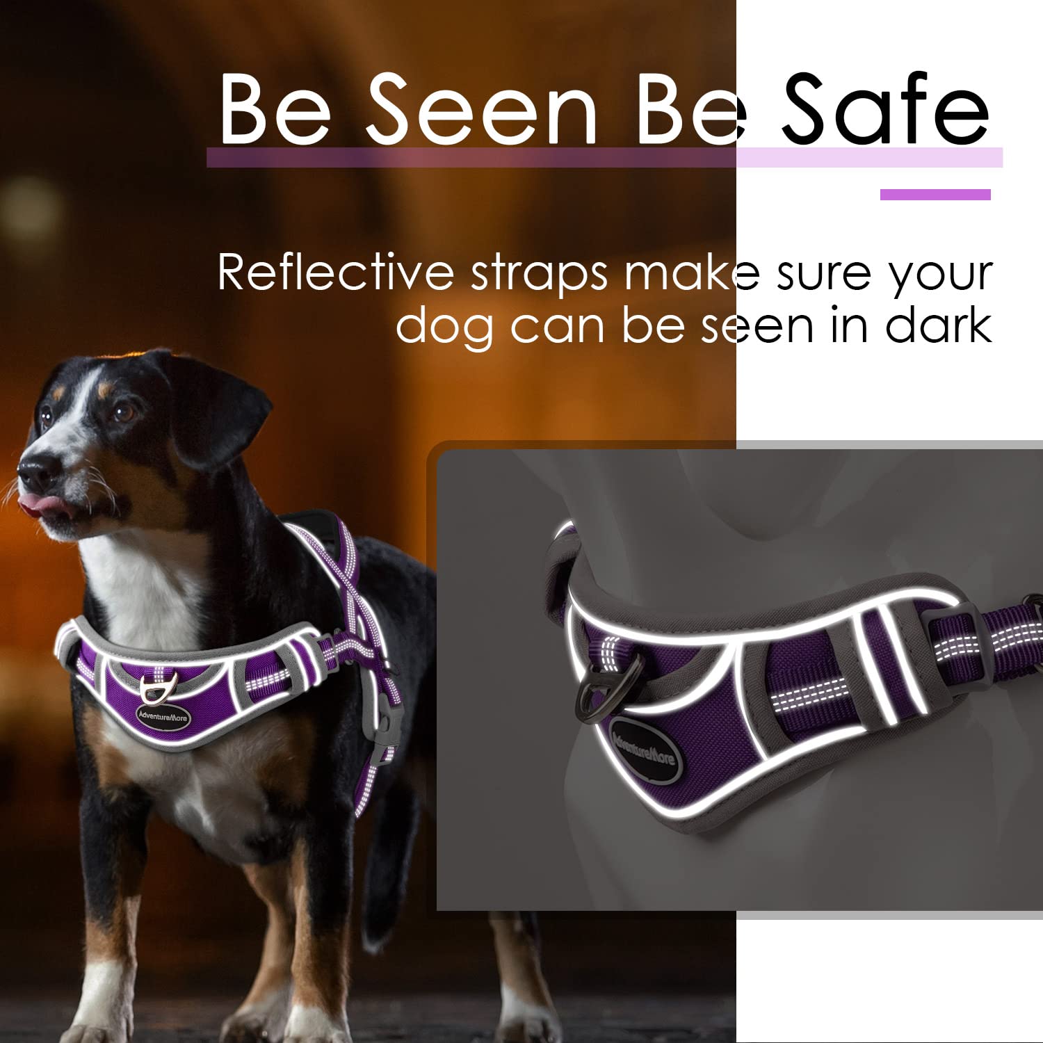 Adventuremore Dog Harness For Medium Dogs No Pull, Sport Dog Halter Harness Adjustable Reflective Dog Vest Escape Proof Dog Harness With Easy Control Front Clip Handle For Training Walking M Purple