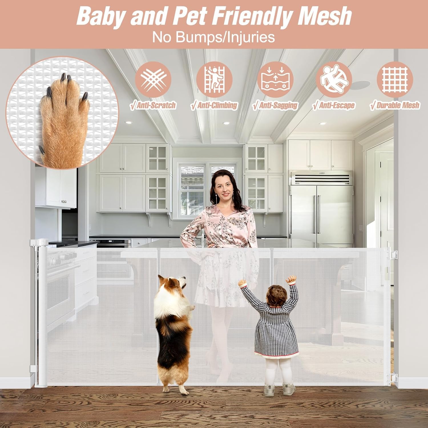 Stcockis Retractable Baby Gate - 42" Tall x 75" Wide, White, Extra Tall with Support Rods, Indoor/Outdoor Dog Gate