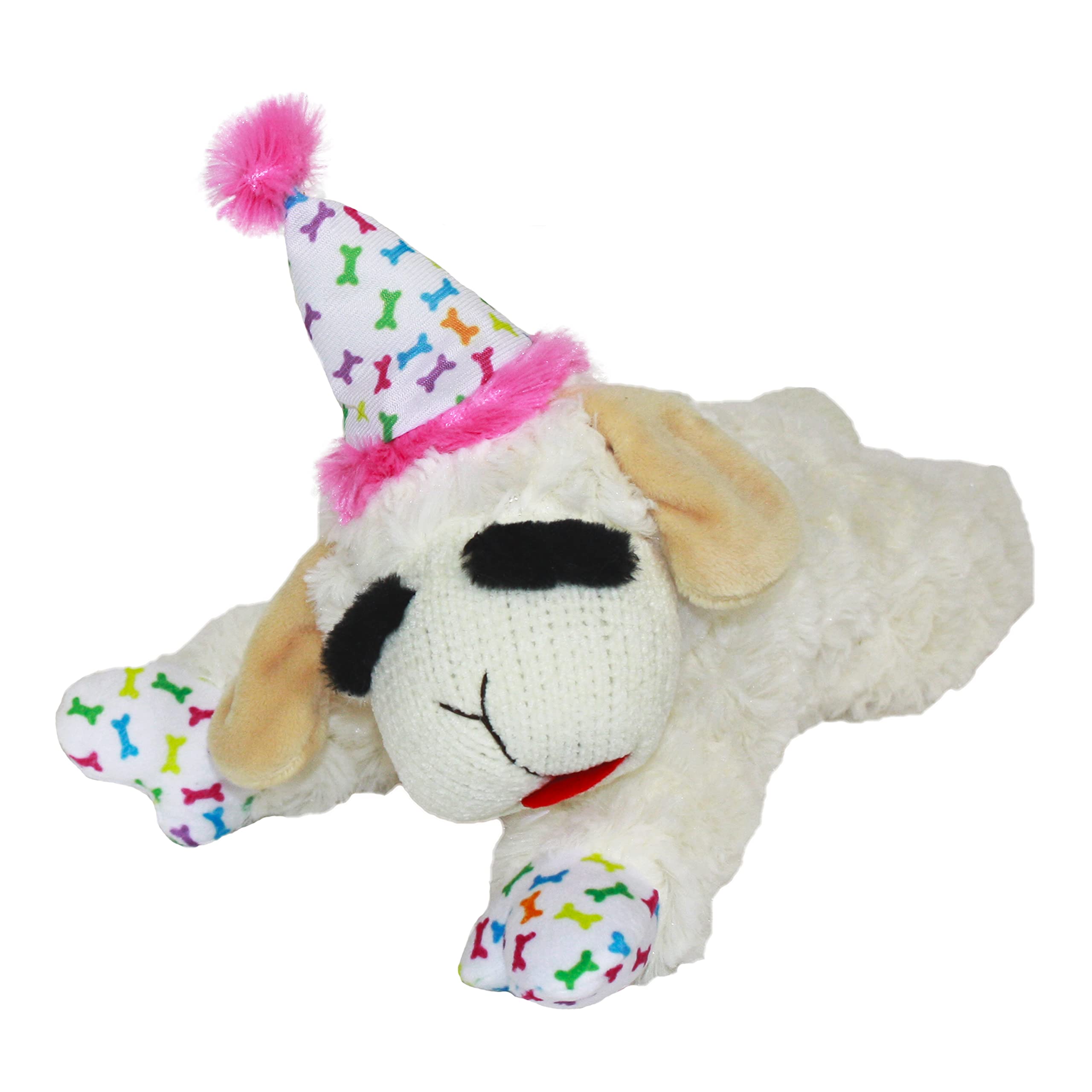 Multipet Lamb Chop Dog Toy with Birthday Hat, Pink, 10.5''