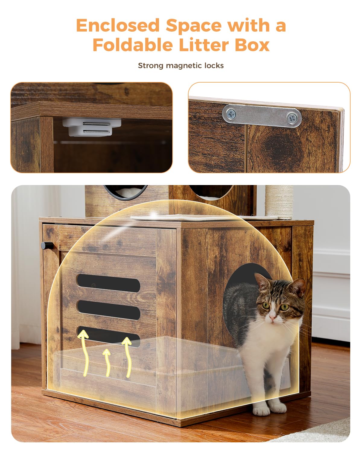 MUTTROS Cat Tree with Litter Box Enclosure 55.5 Modern Cat Tree Tower with Top Bed and Green Leaves, Wood Cat Furniture Hidden L