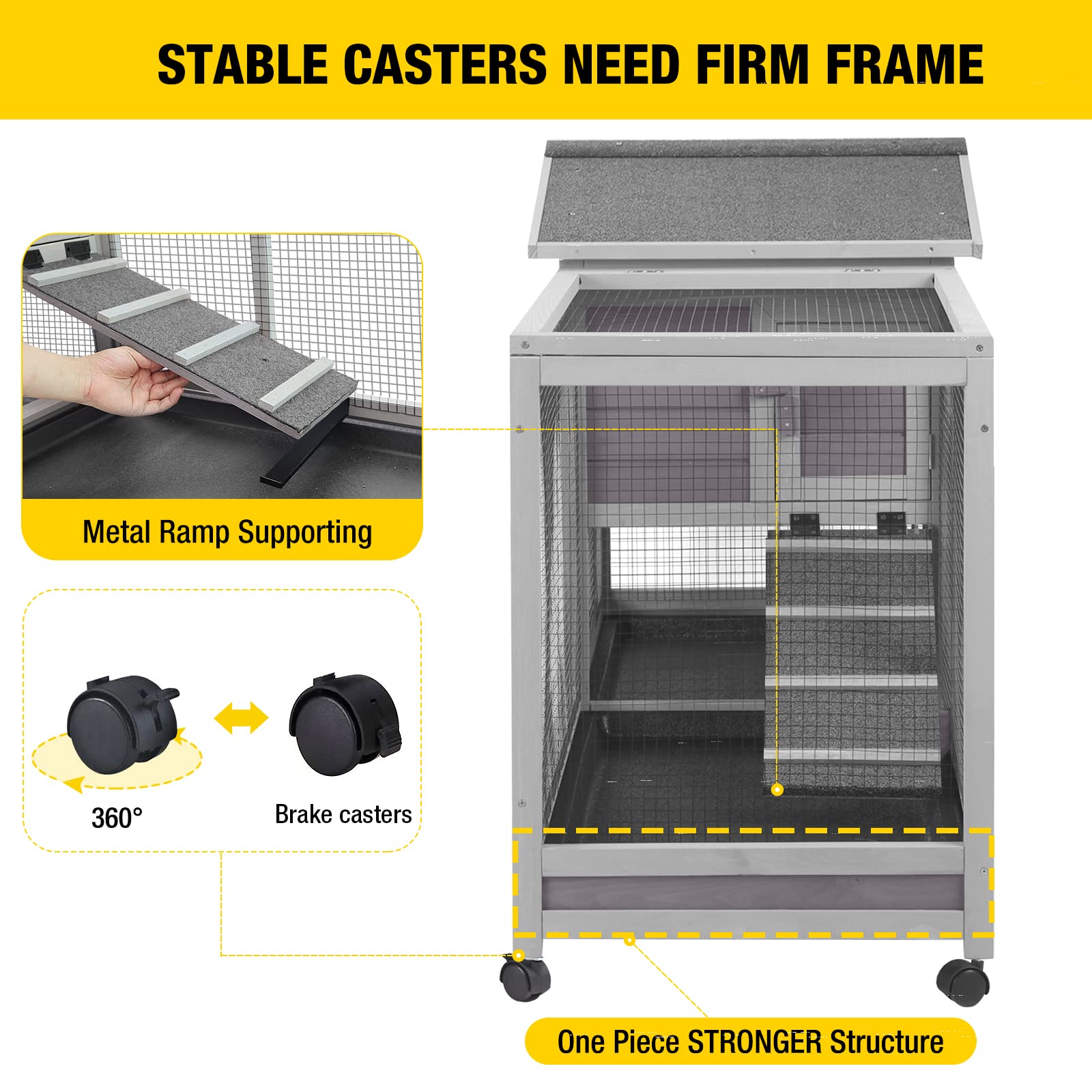 Aivituvin Rabbit Hutch Indoor 62' Rabbit Cage Outdoor Chicken Coop Guinea Pig Cage On Wheels Bunny Cage With 3 Deep No Leakage Pull Out Tray,Waterproof Roof (Grey)