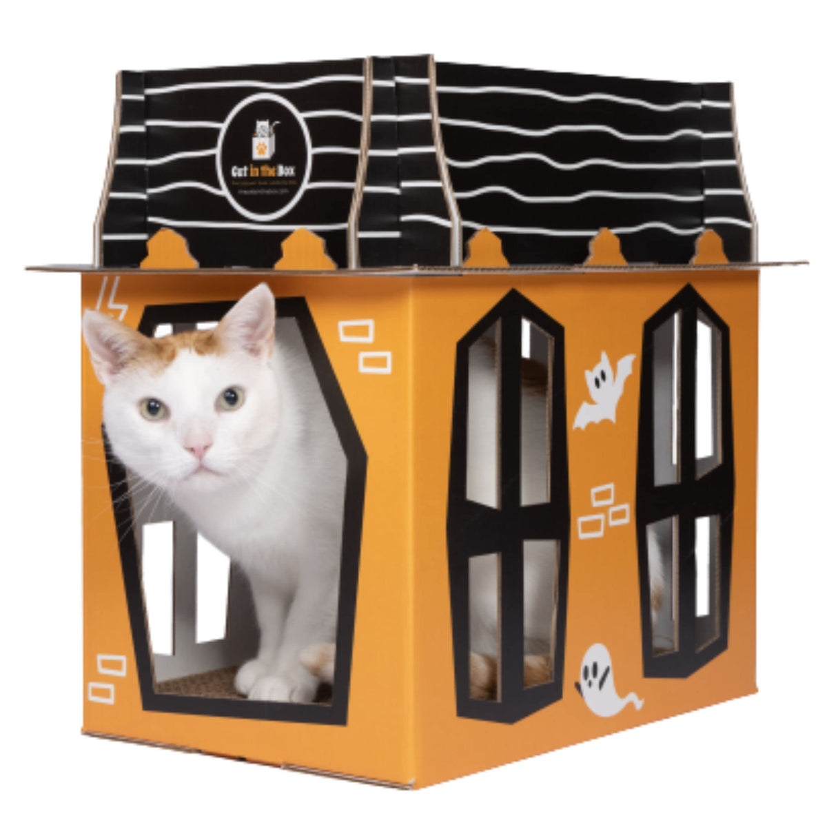 Spooky Cat Haunted House - Halloween Mansion Playhouse For Cats, Kittens, Rabbits & Bunny. Cardboard Box House Condo Cave Furnit