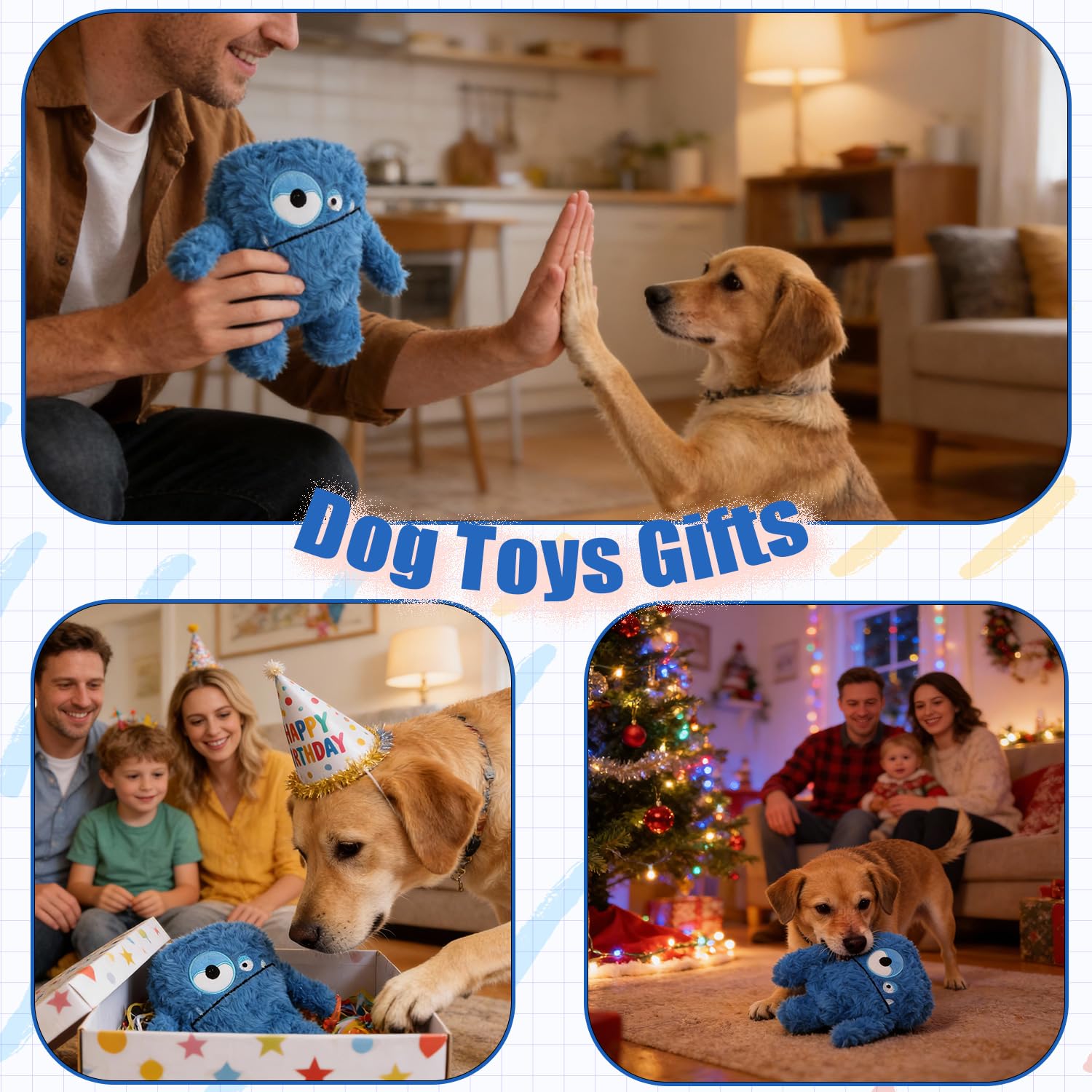 HUGEME Plush Squeaky Dog Toy - Crinkle Chew Toy for Small to Large Dogs, Blue, Model Mon-1-1