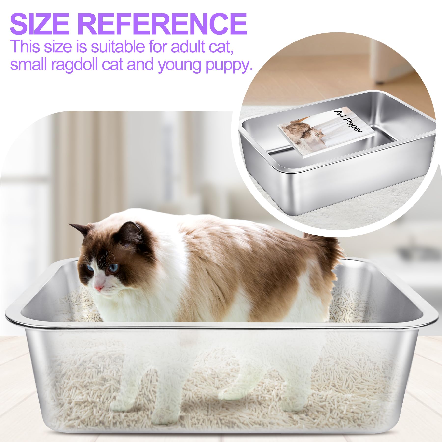 Phepetroll 3 Pack Stainless Steel Cat Litter Boxes 23.6''L X 15.7''W X 5.9''H Extra Large Metal Litter Boxes With High Side Stur
