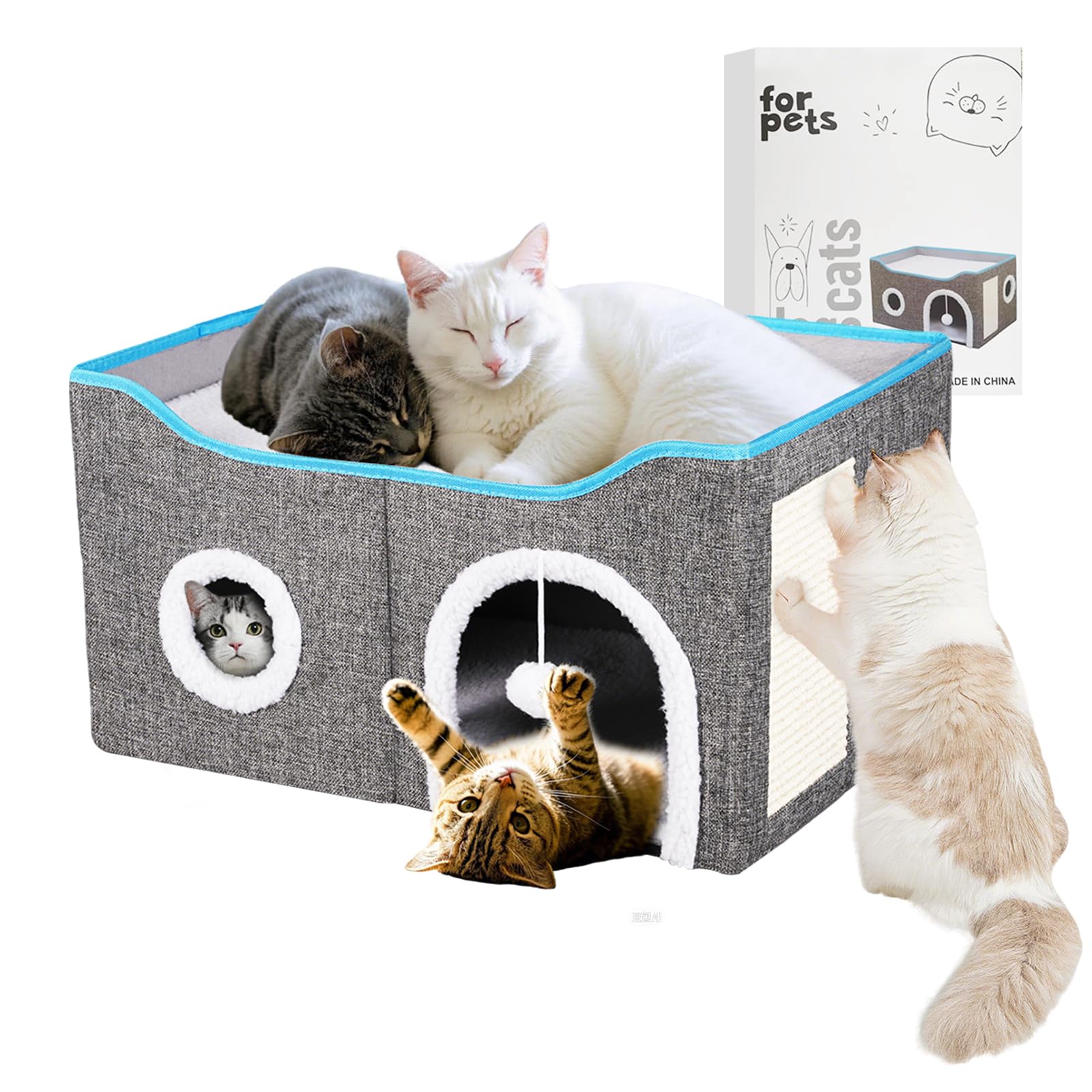 Cat House For Indoor Cats - Foldable Cat Bed Cave With Scratch Pad, Fluffy Ball, And Cat Hole - Durable & No Sagging Cat Condo, 