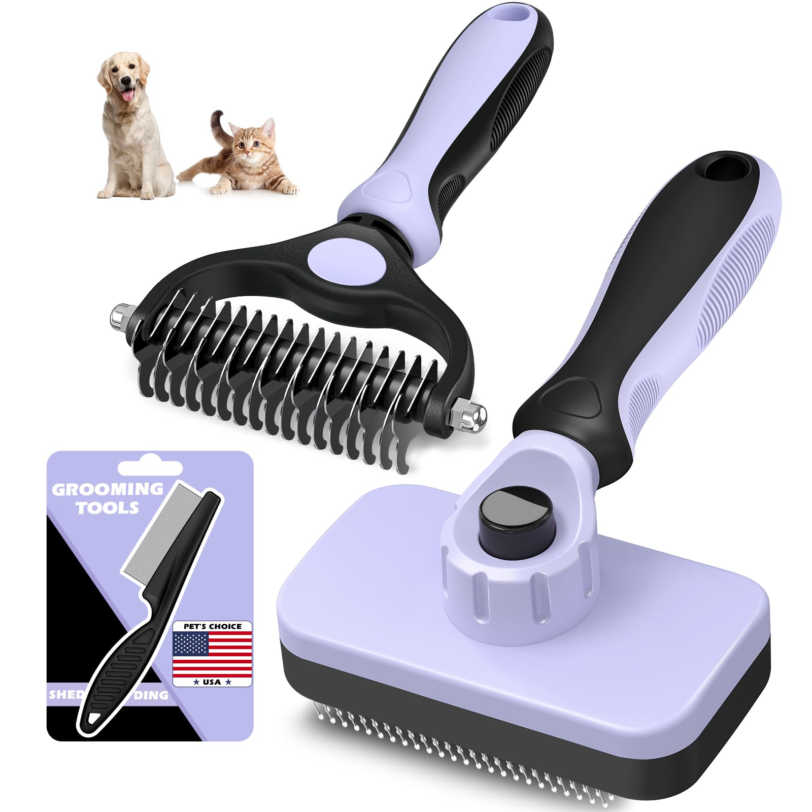 3PCS Self Cleaning Slicker Brush & Pet Grooming Rake & Flea Comb for Dogs,Cats and Horses | Double-Sided Dematting Comb & Skin F
