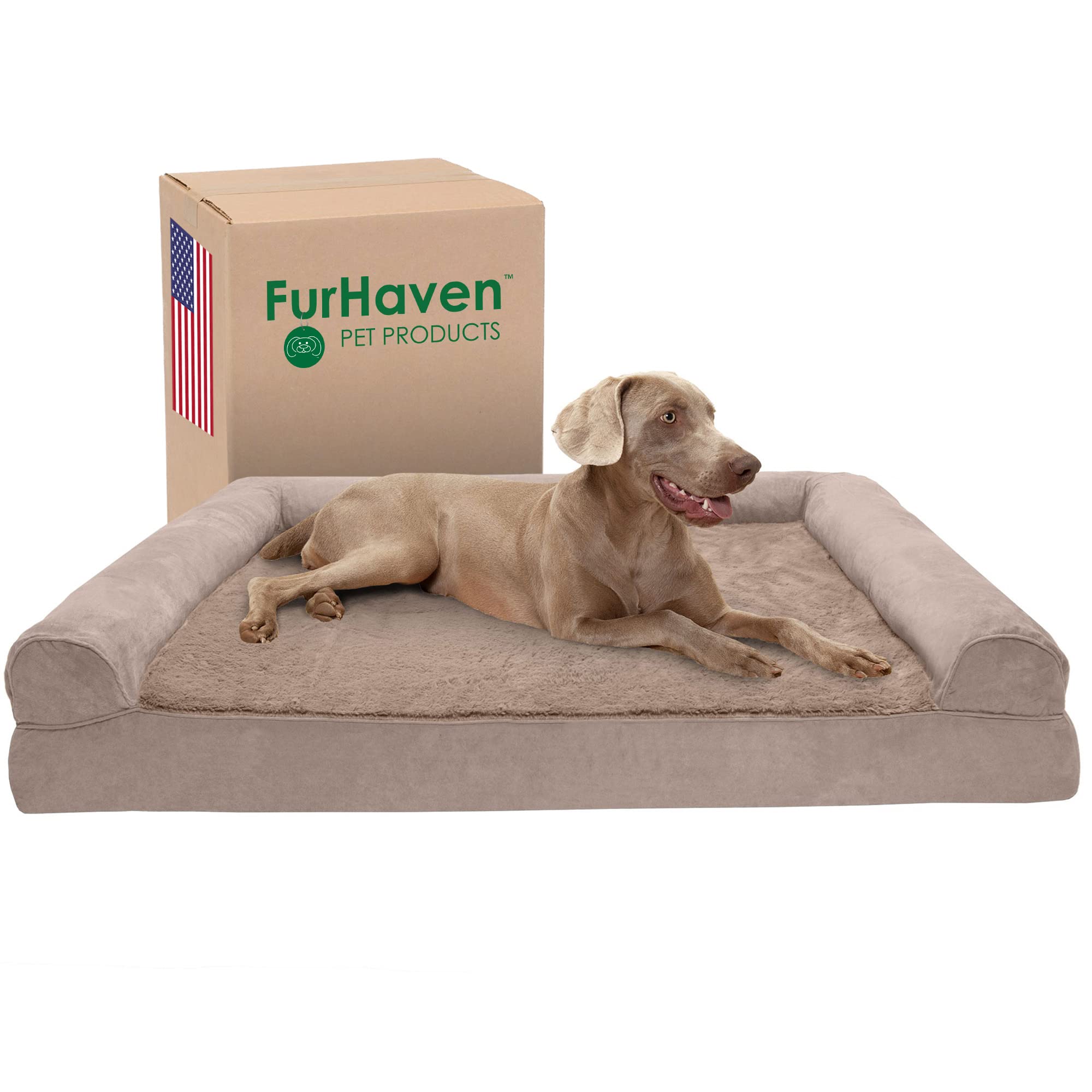 Furhaven Cooling Gel Dog Bed for Large Dogs w/ Removable Bolsters & Washable Cover, For Dogs Up to 125 lbs - Plush & Suede Sofa 