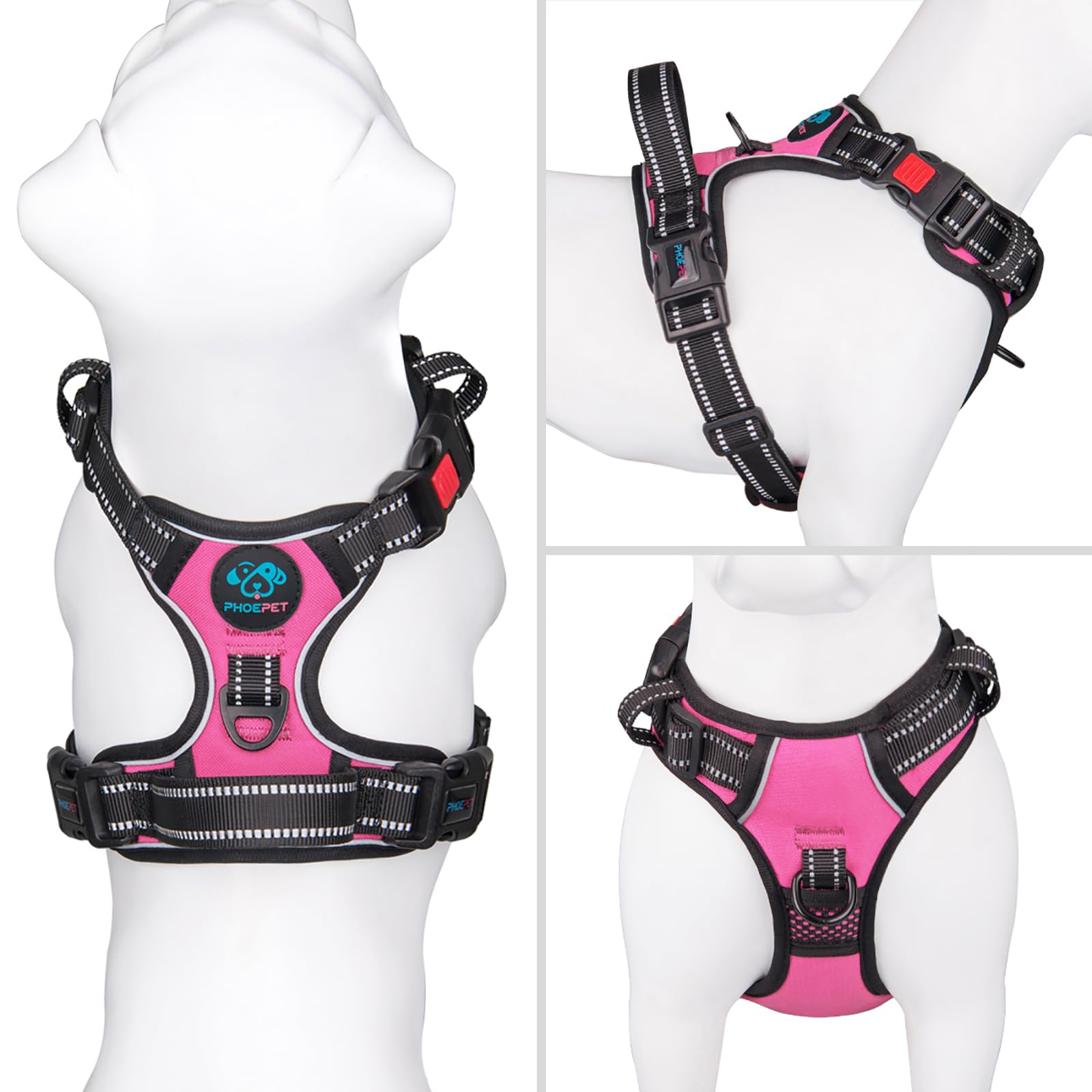 Phoepet No Pull Dog Harness Medium Reflective Front Clip Vest With Handle,Adjustable 2 Metal Rings 3 Buckles,[Easy To Put On & Take Off](M, Pink)